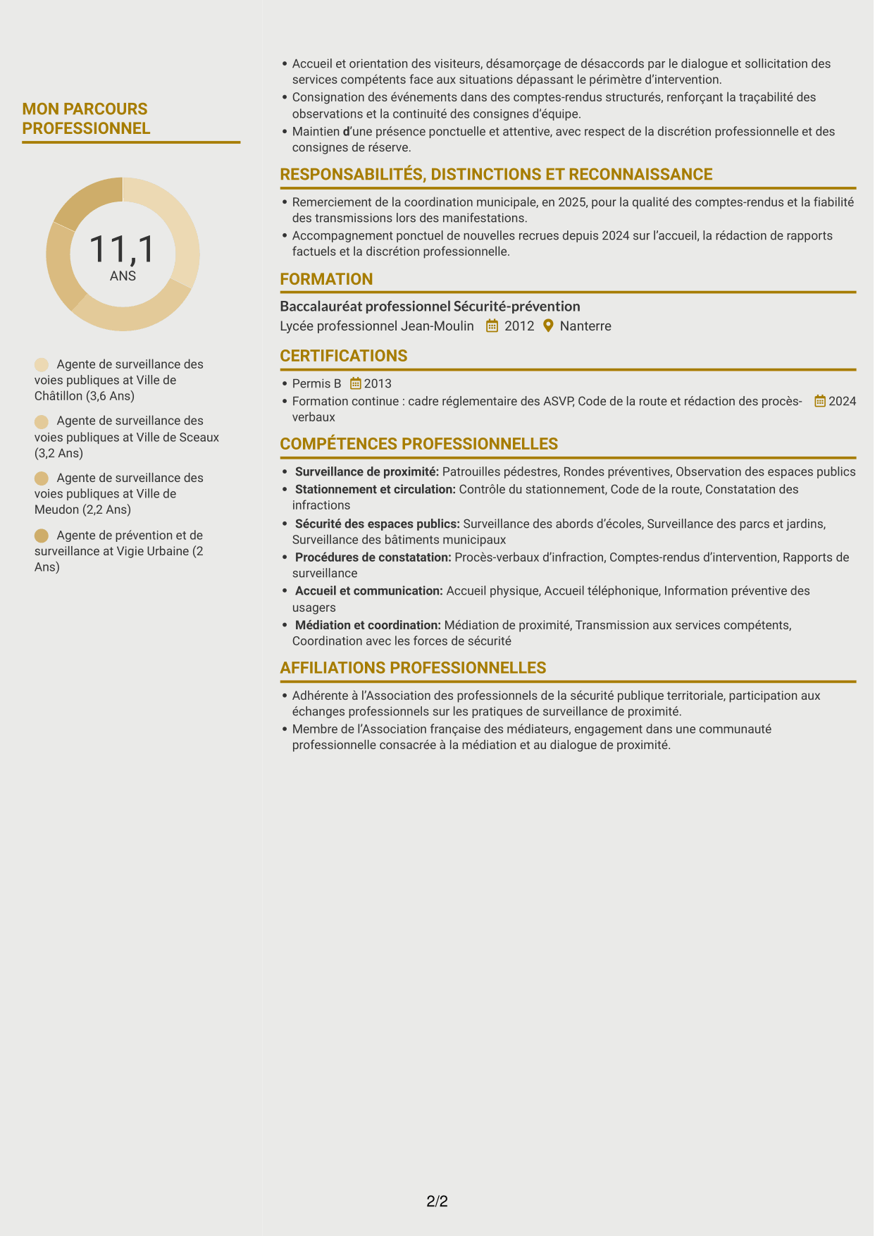 CV Dynamique (format à deux colonnes avec icônes) : Agent de surveillance des voies publiques - Stationnement et médiation, page 2