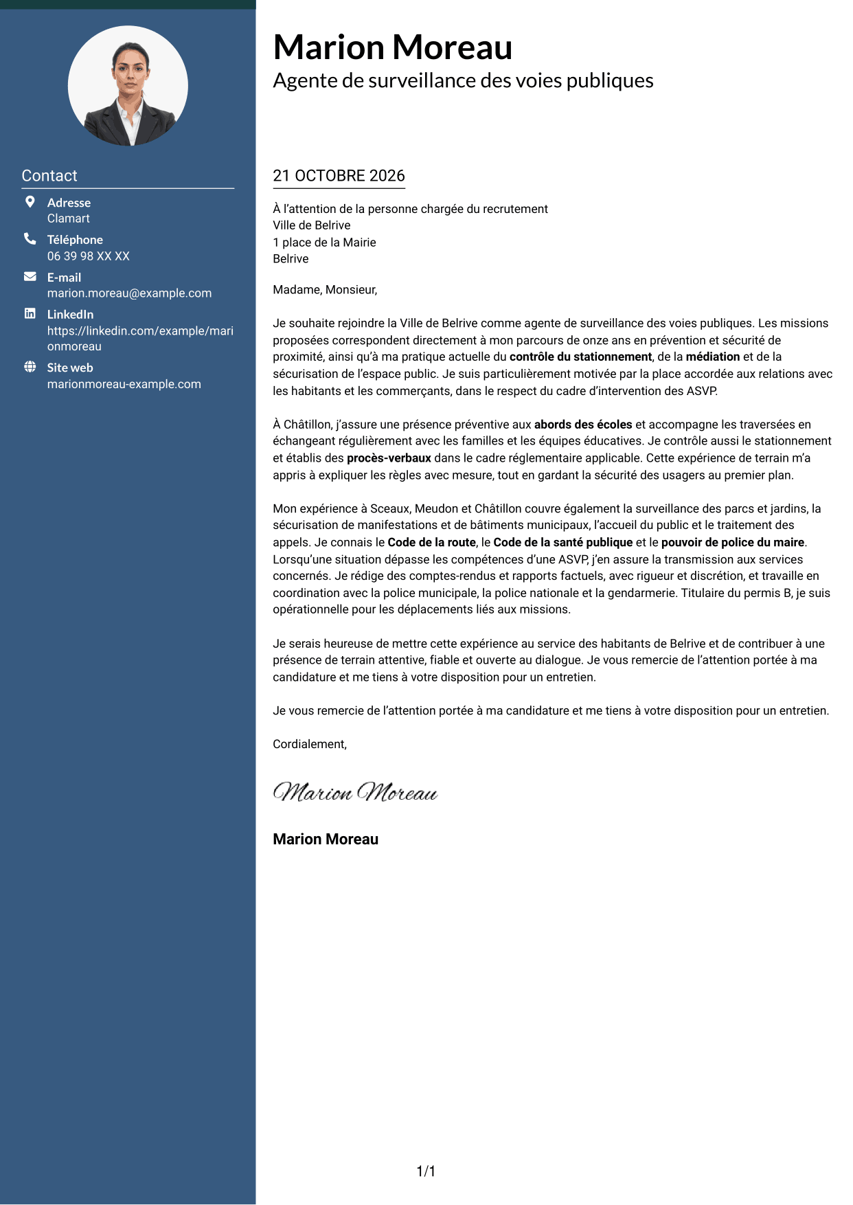 Lettre de motivation Élégant (format à colonne latérale colorée avec photo) : Agent de surveillance des voies publiques - Stationnement et médiation, page 1