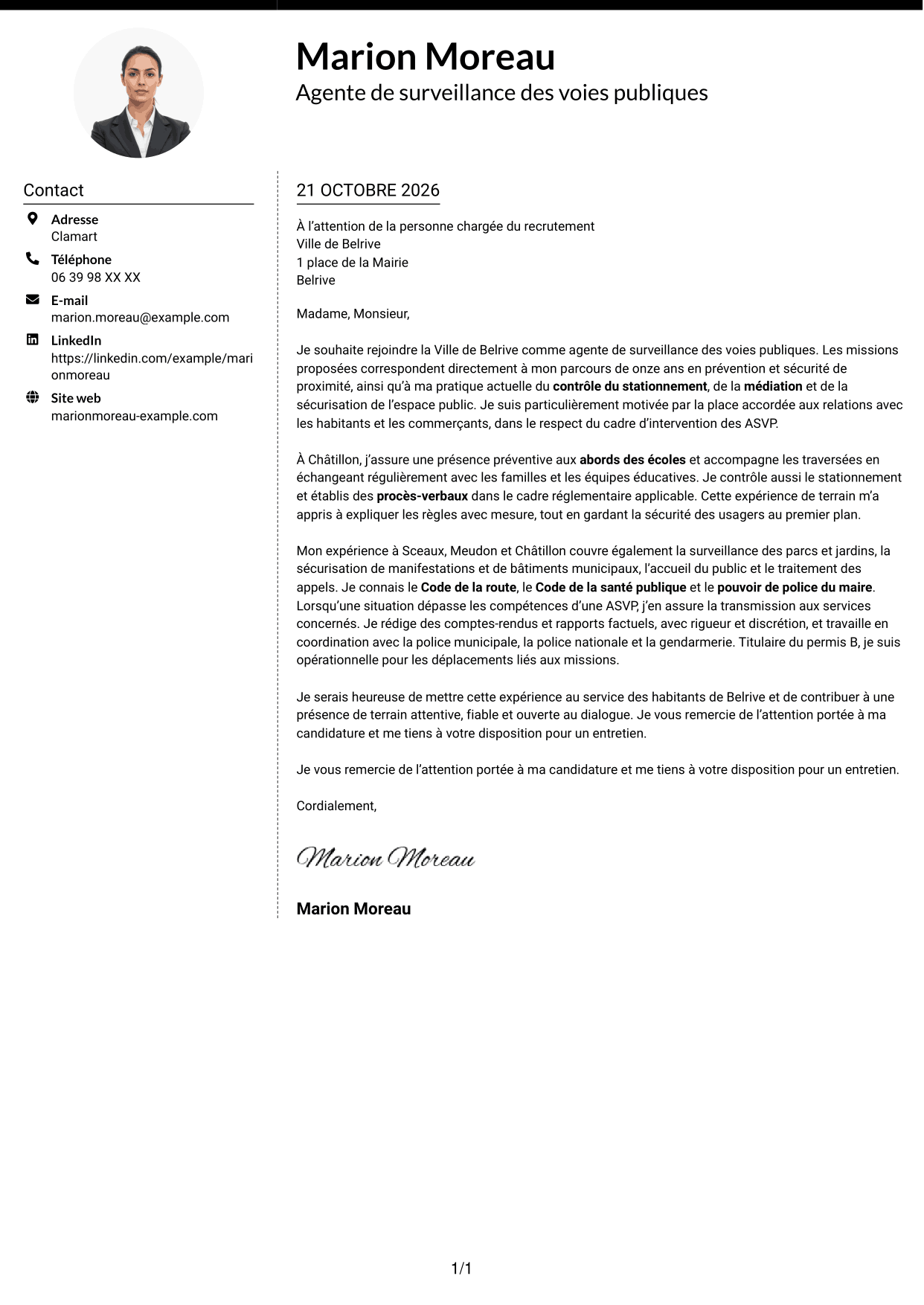 Lettre de motivation Moderne (format à deux colonnes avec photo à gauche et séparateur) : Agent de surveillance des voies publiques - Stationnement et médiation, page 1