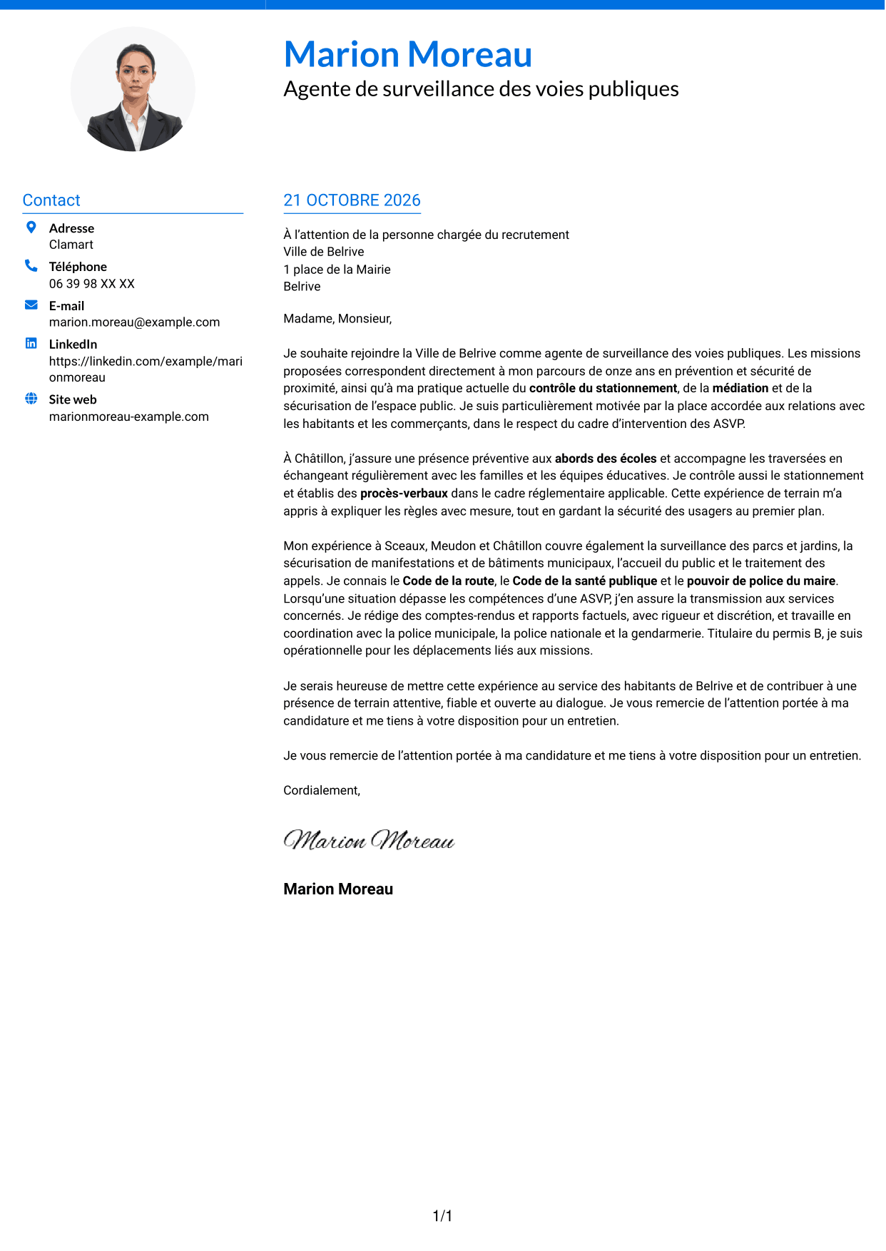 Lettre de motivation Audacieux (format à deux colonnes avec accents colorés et photo) : Agent de surveillance des voies publiques - Stationnement et médiation, page 1