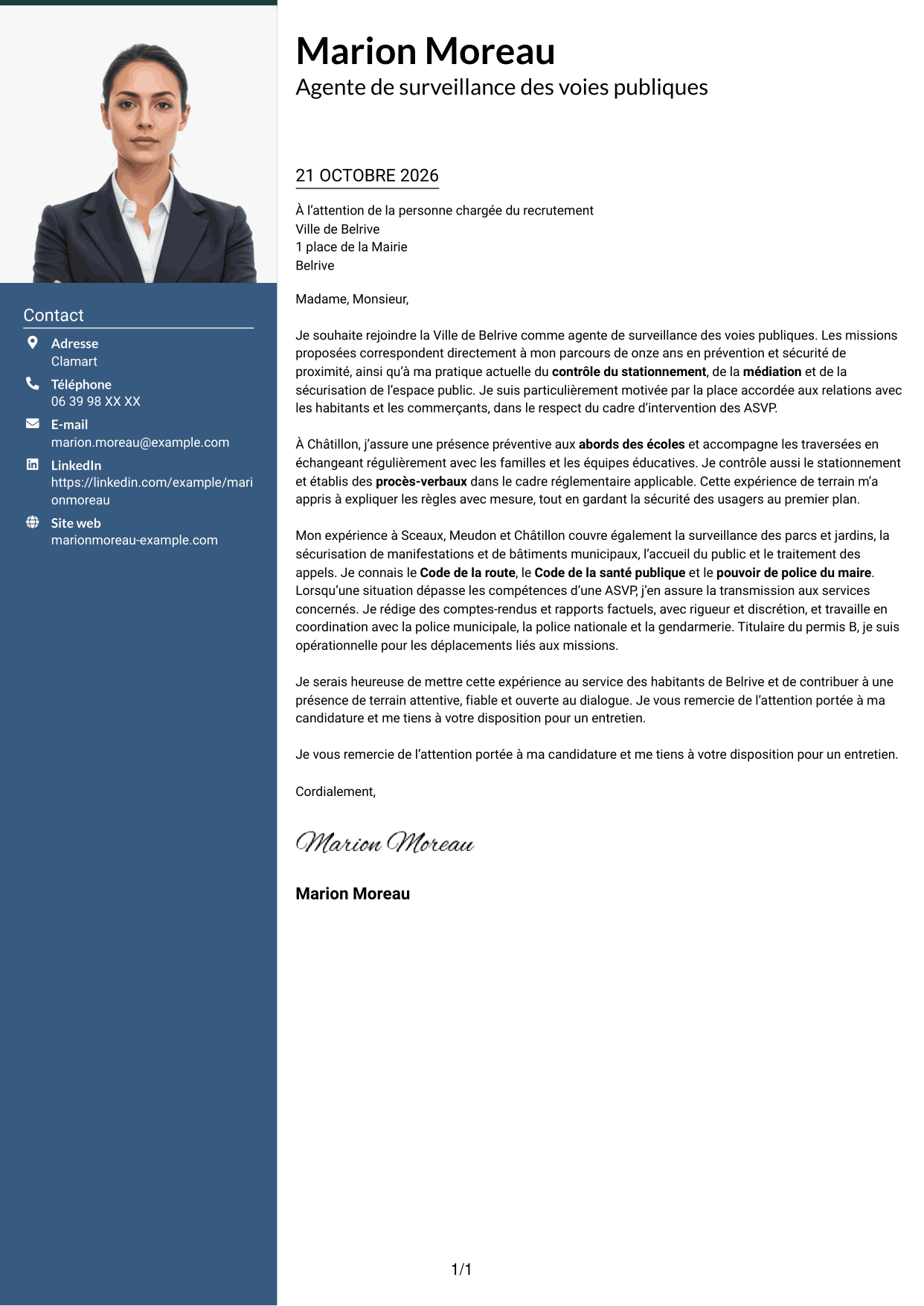Lettre de motivation Signature (format à colonne latérale colorée avec grande photo) : Agent de surveillance des voies publiques - Stationnement et médiation, page 1