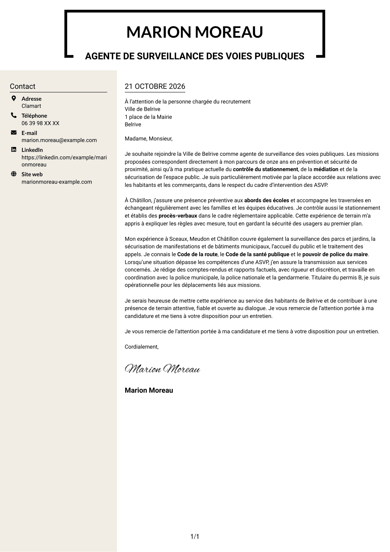 Lettre de motivation Fonceur (format à deux colonnes avec en-tête centré sans photo) : Agent de surveillance des voies publiques - Stationnement et médiation, page 1