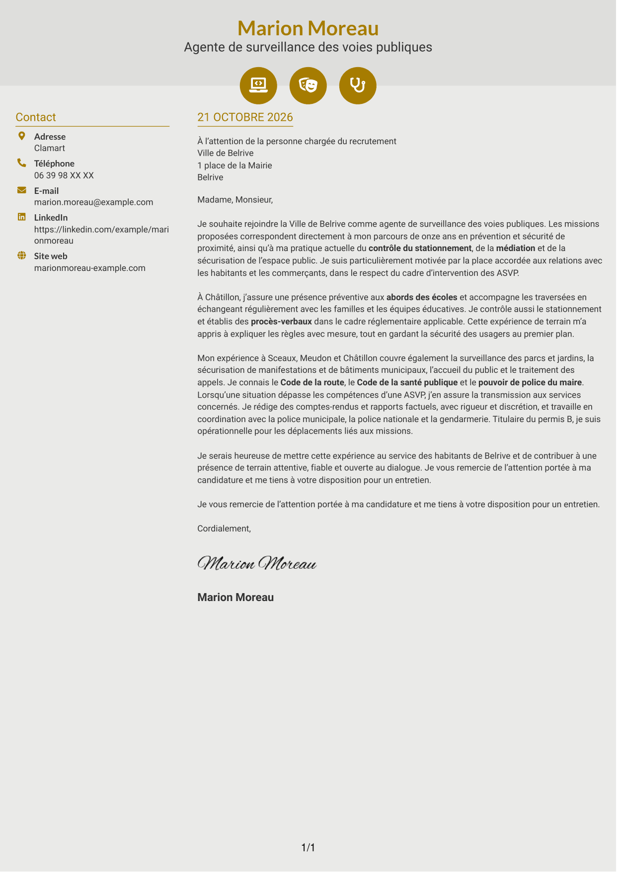 Lettre de motivation Dynamique (format à deux colonnes avec icônes) : Agent de surveillance des voies publiques - Stationnement et médiation, page 1