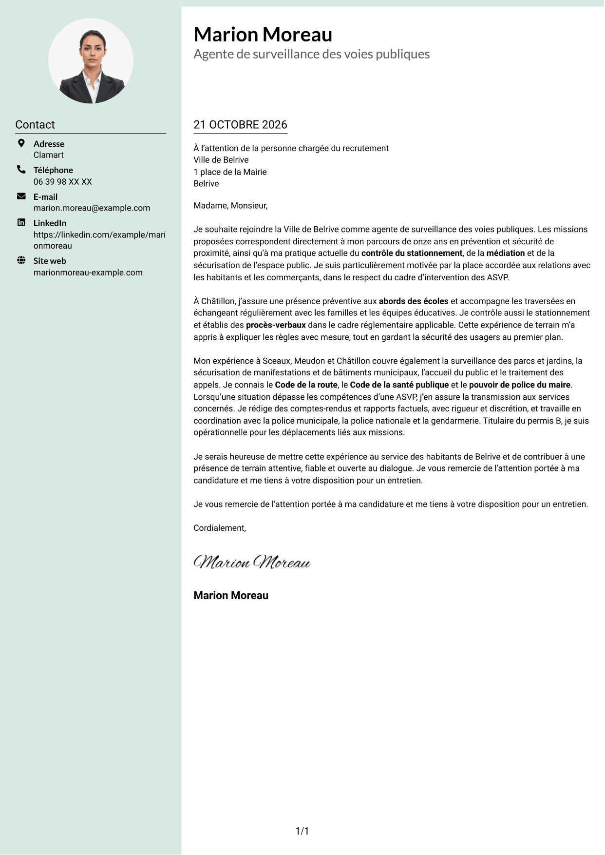 Lettre de motivation Cadre (format à colonne latérale douce avec photo arrondie) : Agent de surveillance des voies publiques - Stationnement et médiation, page 1