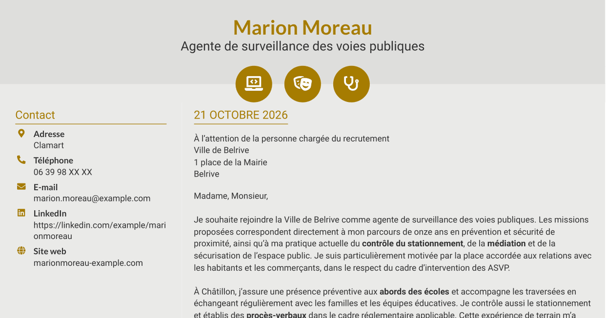 7 modèles de lettre de motivation pour Agent de surveillance des voies publiques - Stationnement et médiation, avec exemples