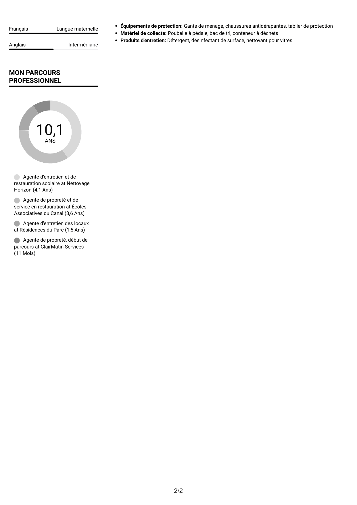 CV Compact (format sobre à deux colonnes avec photo) : Agent d'entretien ménager - Écoles et restauration scolaire, page 2