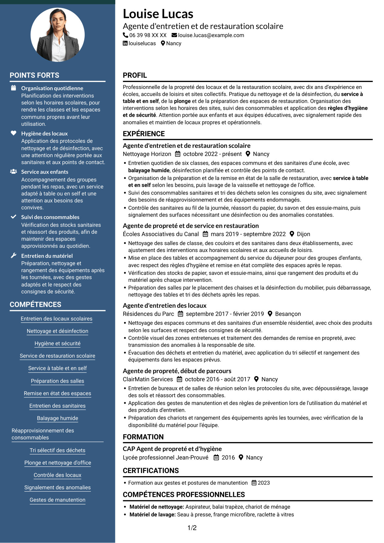 CV Élégant (format à colonne latérale colorée avec photo) : Agent d'entretien ménager - Écoles et restauration scolaire, page 1