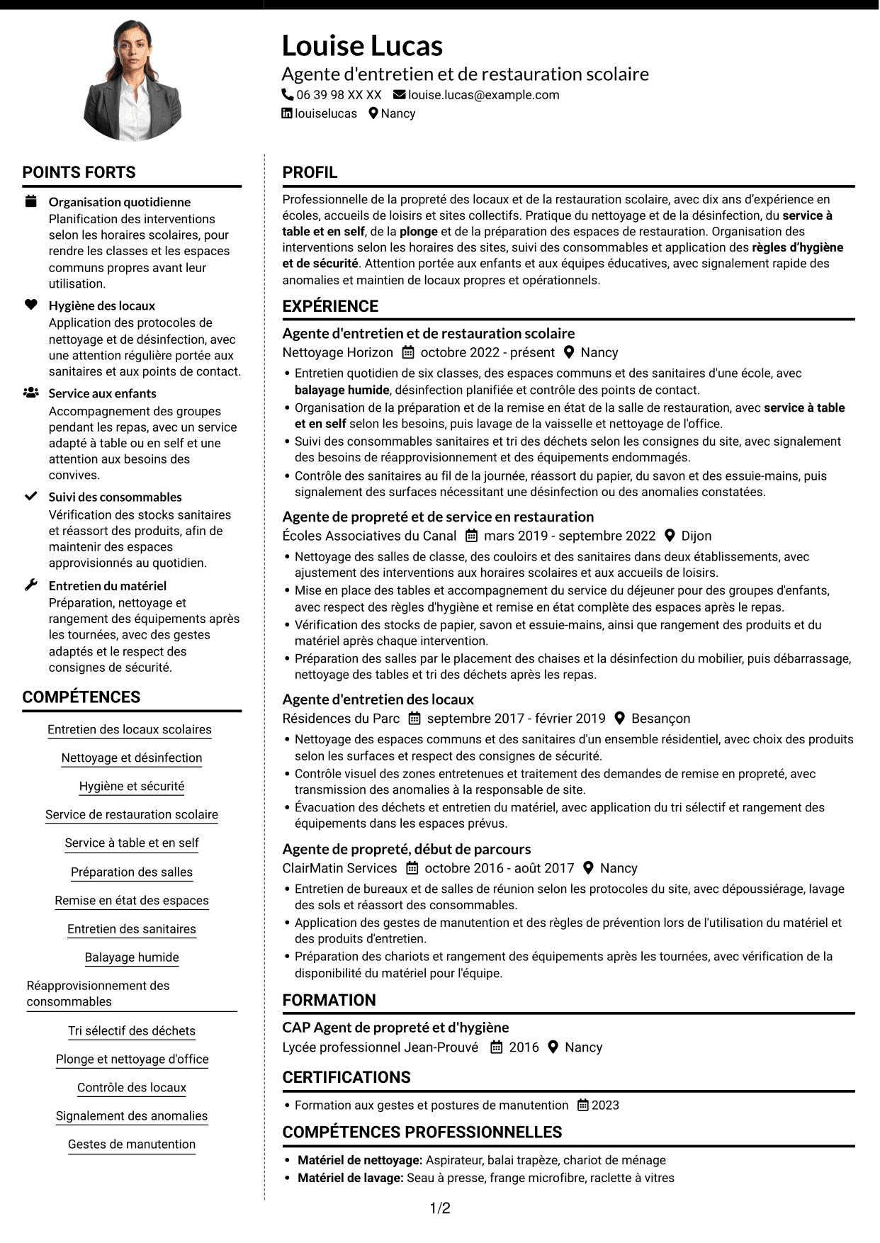 CV Moderne (format à deux colonnes avec photo à gauche et séparateur) : Agent d'entretien ménager - Écoles et restauration scolaire, page 1