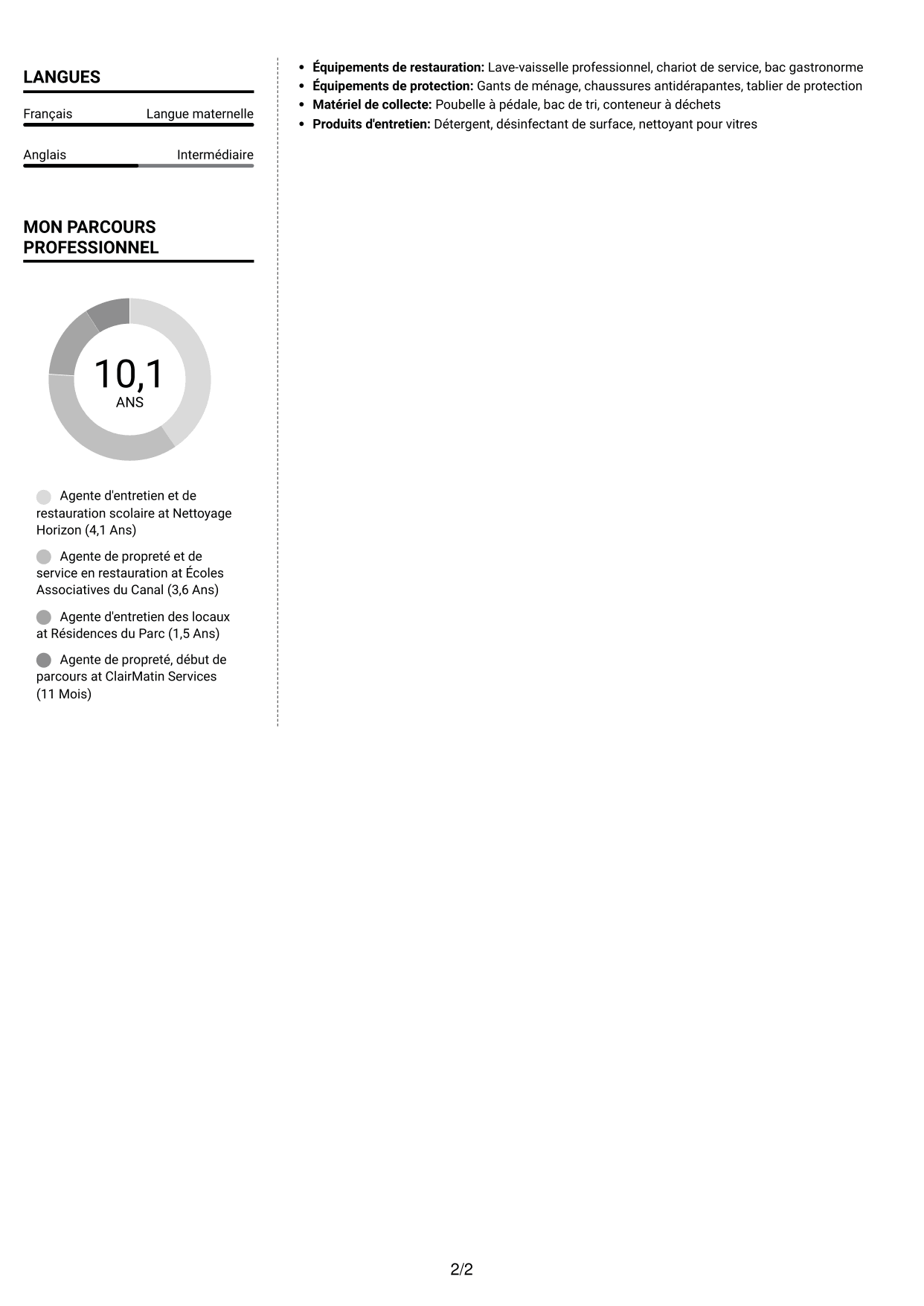 CV Moderne (format à deux colonnes avec photo à gauche et séparateur) : Agent d'entretien ménager - Écoles et restauration scolaire, page 2