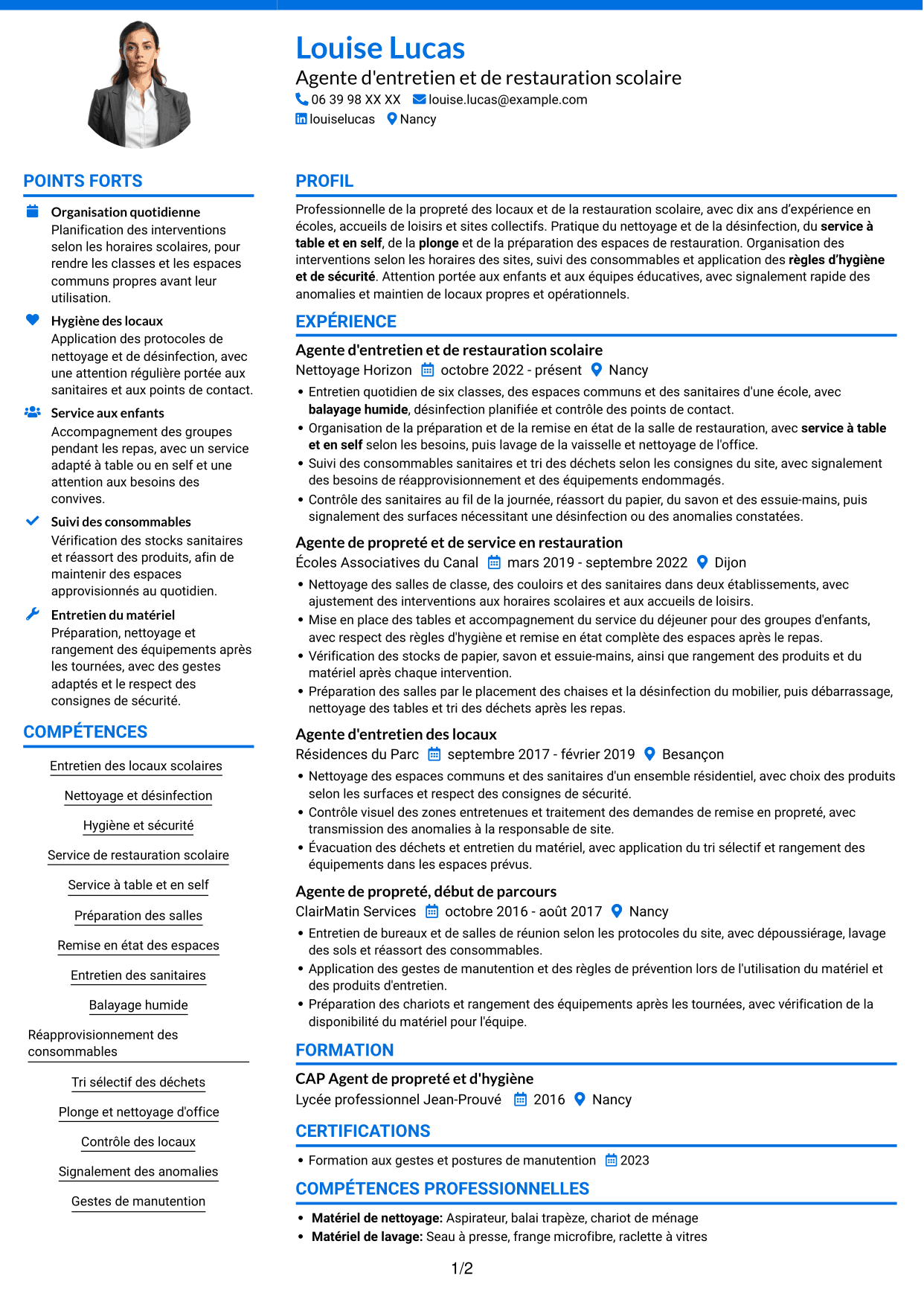CV Audacieux (format à deux colonnes avec accents colorés et photo) : Agent d'entretien ménager - Écoles et restauration scolaire, page 1