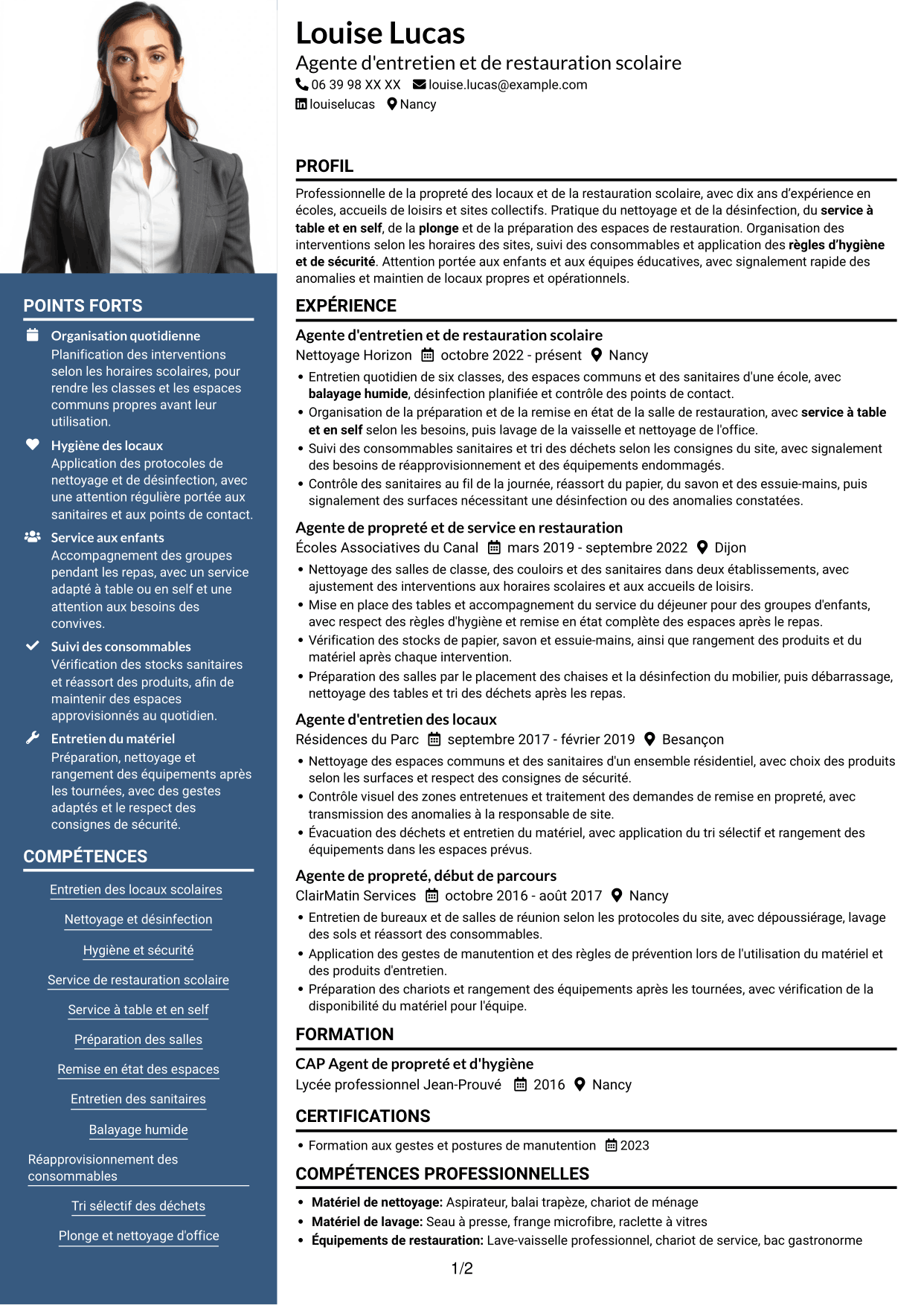 CV Signature (format à colonne latérale colorée avec grande photo) : Agent d'entretien ménager - Écoles et restauration scolaire, page 1