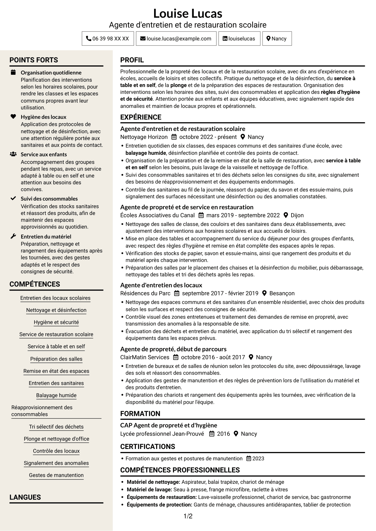 CV Fonceur (format à deux colonnes avec en-tête centré sans photo) : Agent d'entretien ménager - Écoles et restauration scolaire, page 1