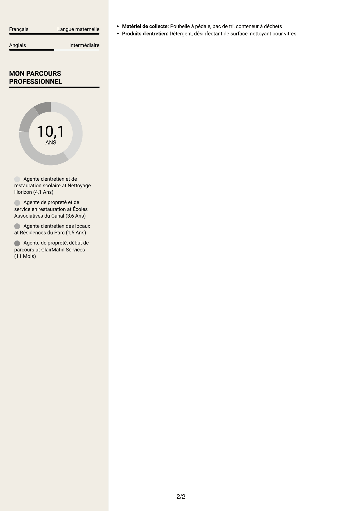 CV Fonceur (format à deux colonnes avec en-tête centré sans photo) : Agent d'entretien ménager - Écoles et restauration scolaire, page 2