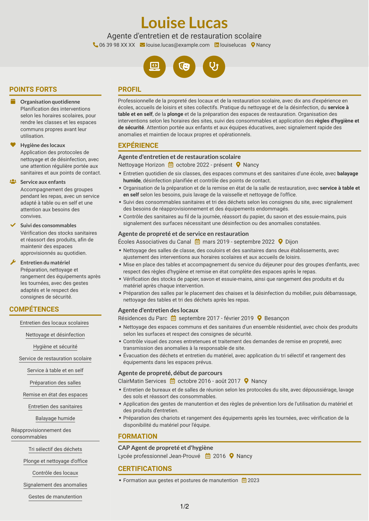CV Dynamique (format à deux colonnes avec icônes) : Agent d'entretien ménager - Écoles et restauration scolaire, page 1