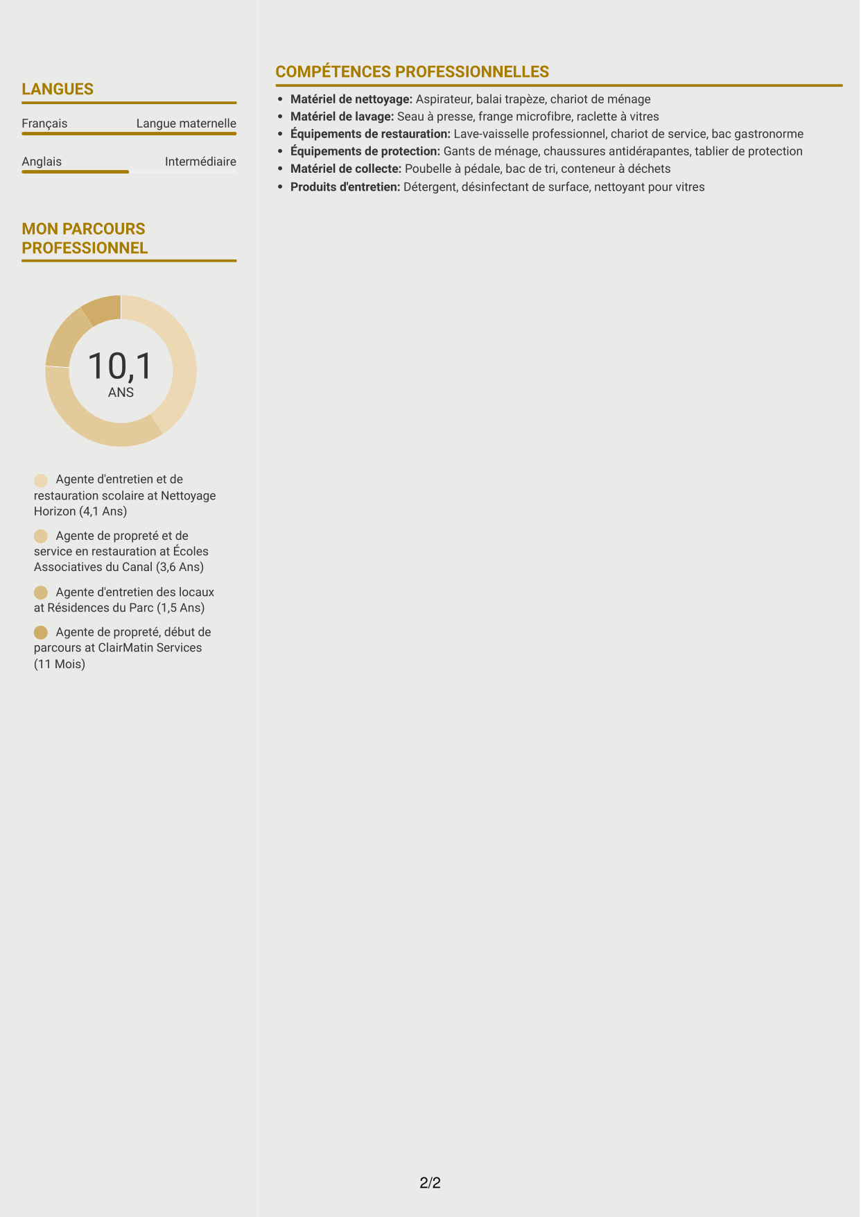 CV Dynamique (format à deux colonnes avec icônes) : Agent d'entretien ménager - Écoles et restauration scolaire, page 2
