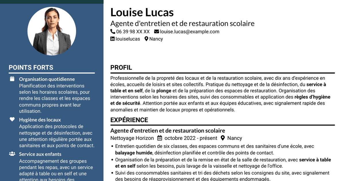 7 modèles de CV pour Agent d'entretien ménager - Écoles et restauration scolaire, avec exemples