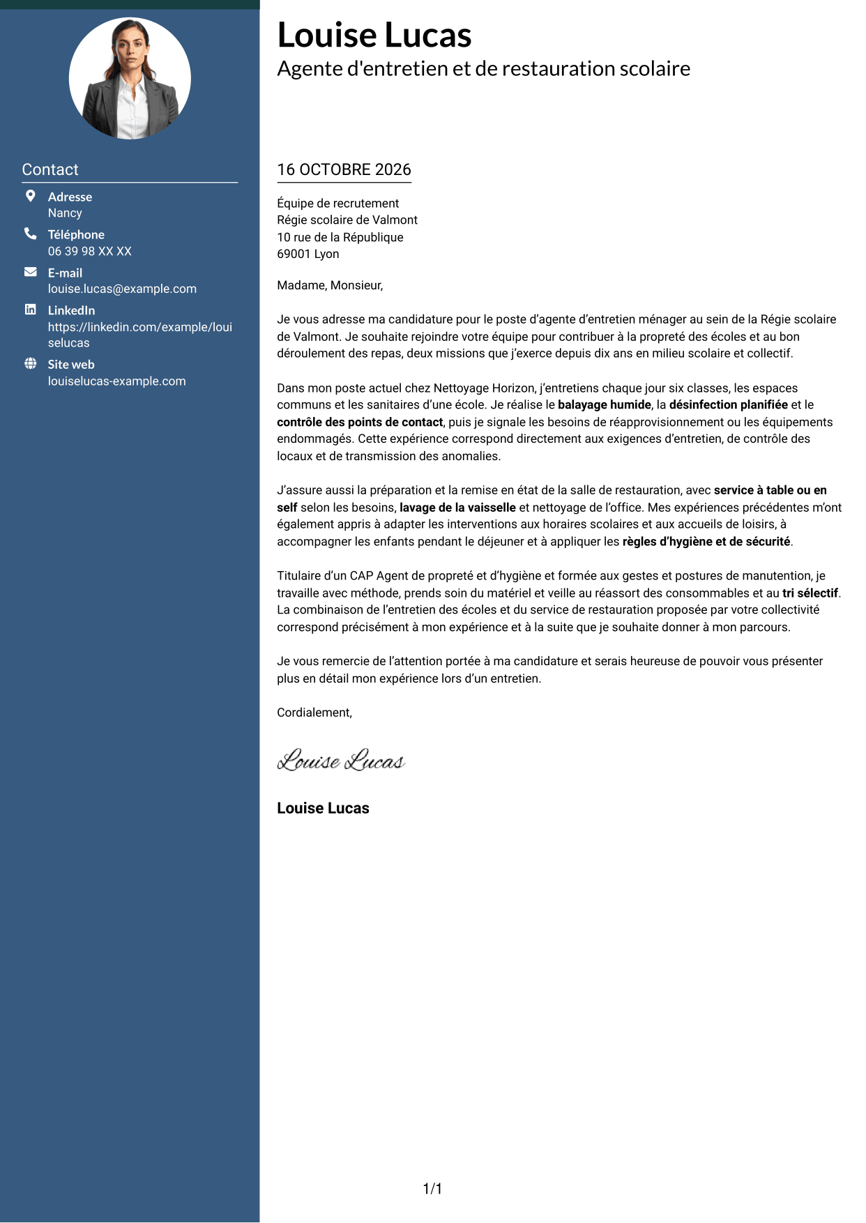 Lettre de motivation Élégant (format à colonne latérale colorée avec photo) : Agent d'entretien ménager - Écoles et restauration scolaire, page 1