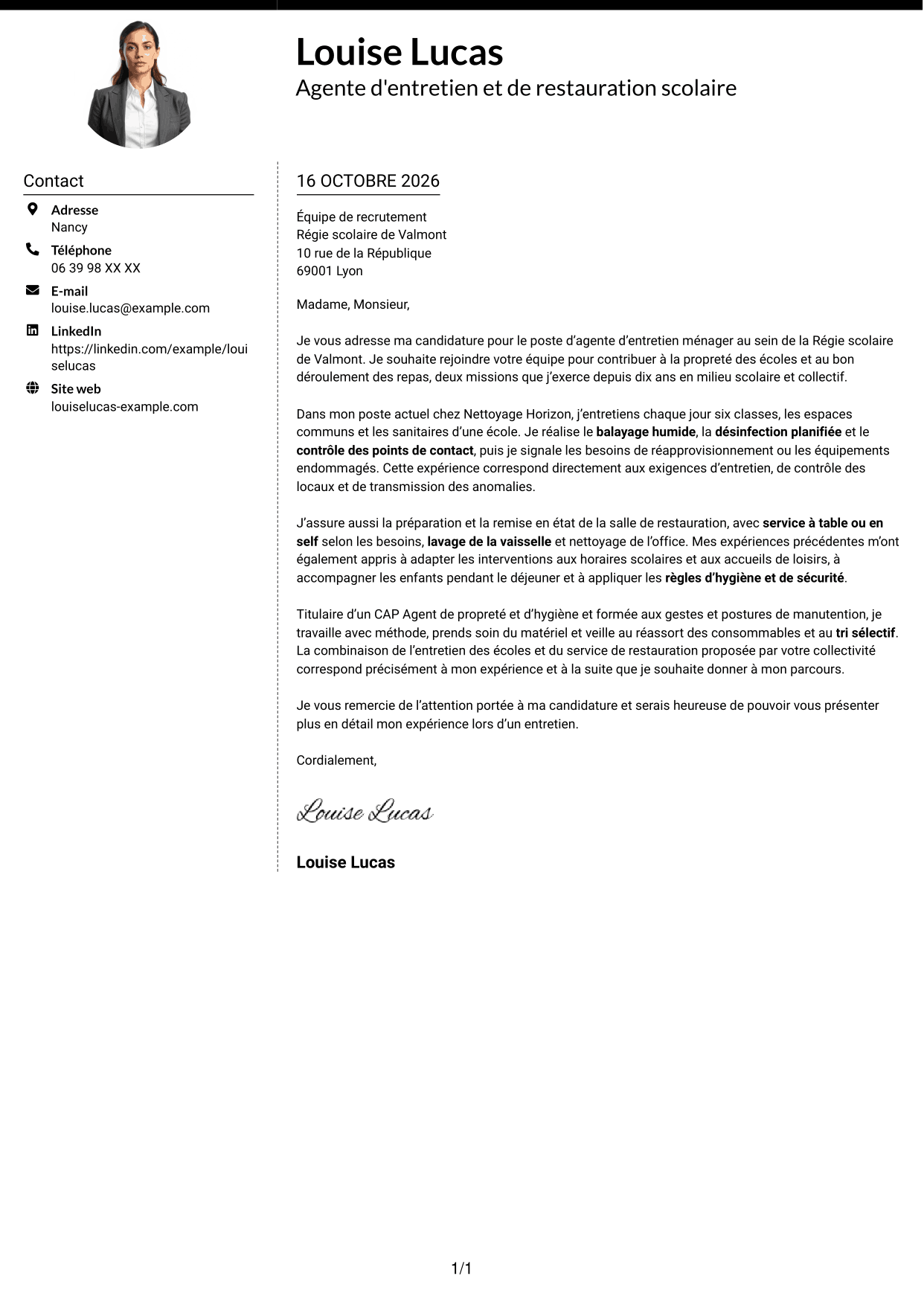 Lettre de motivation Moderne (format à deux colonnes avec photo à gauche et séparateur) : Agent d'entretien ménager - Écoles et restauration scolaire, page 1
