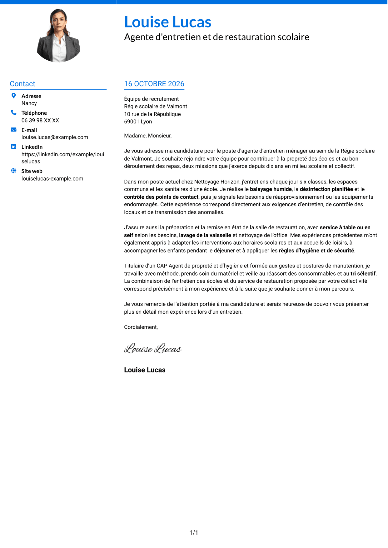 Lettre de motivation Audacieux (format à deux colonnes avec accents colorés et photo) : Agent d'entretien ménager - Écoles et restauration scolaire, page 1
