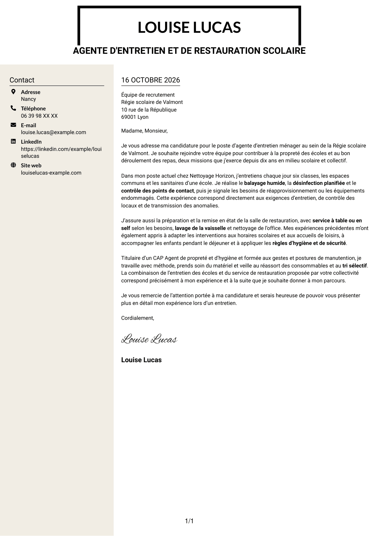 Lettre de motivation Fonceur (format à deux colonnes avec en-tête centré sans photo) : Agent d'entretien ménager - Écoles et restauration scolaire, page 1