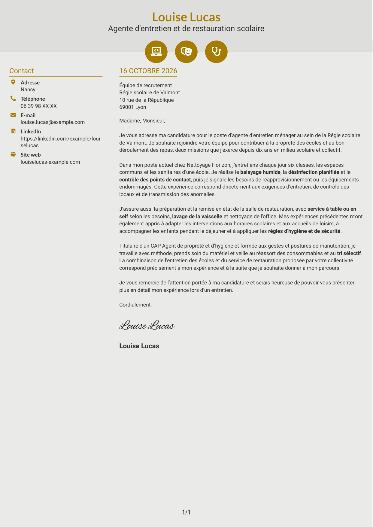 Lettre de motivation Dynamique (format à deux colonnes avec icônes) : Agent d'entretien ménager - Écoles et restauration scolaire, page 1