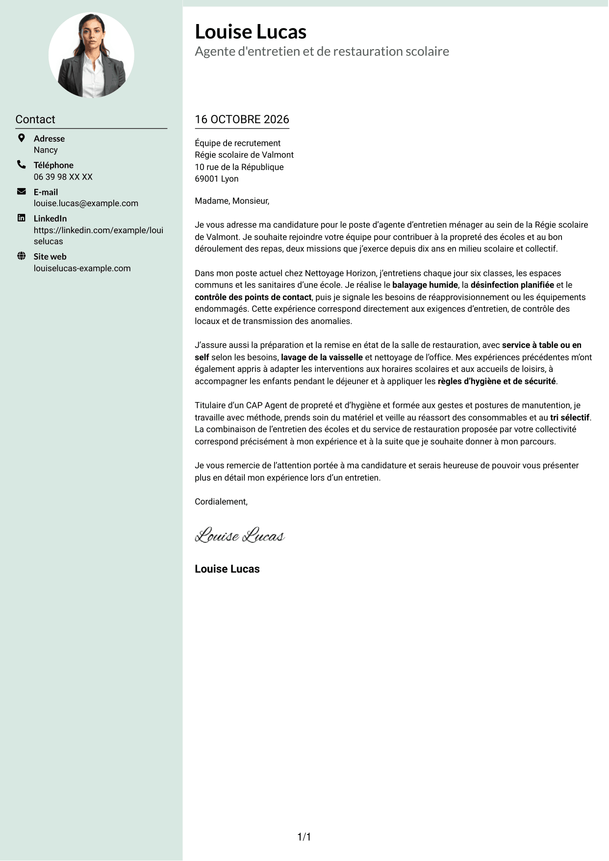 Lettre de motivation Cadre (format à colonne latérale douce avec photo arrondie) : Agent d'entretien ménager - Écoles et restauration scolaire, page 1