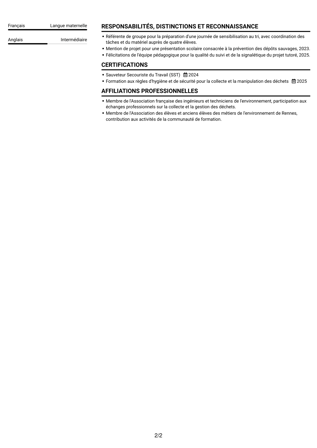 CV Compact (format sobre à deux colonnes avec photo) : Agent d'entretien - Points d'apport volontaire, page 2