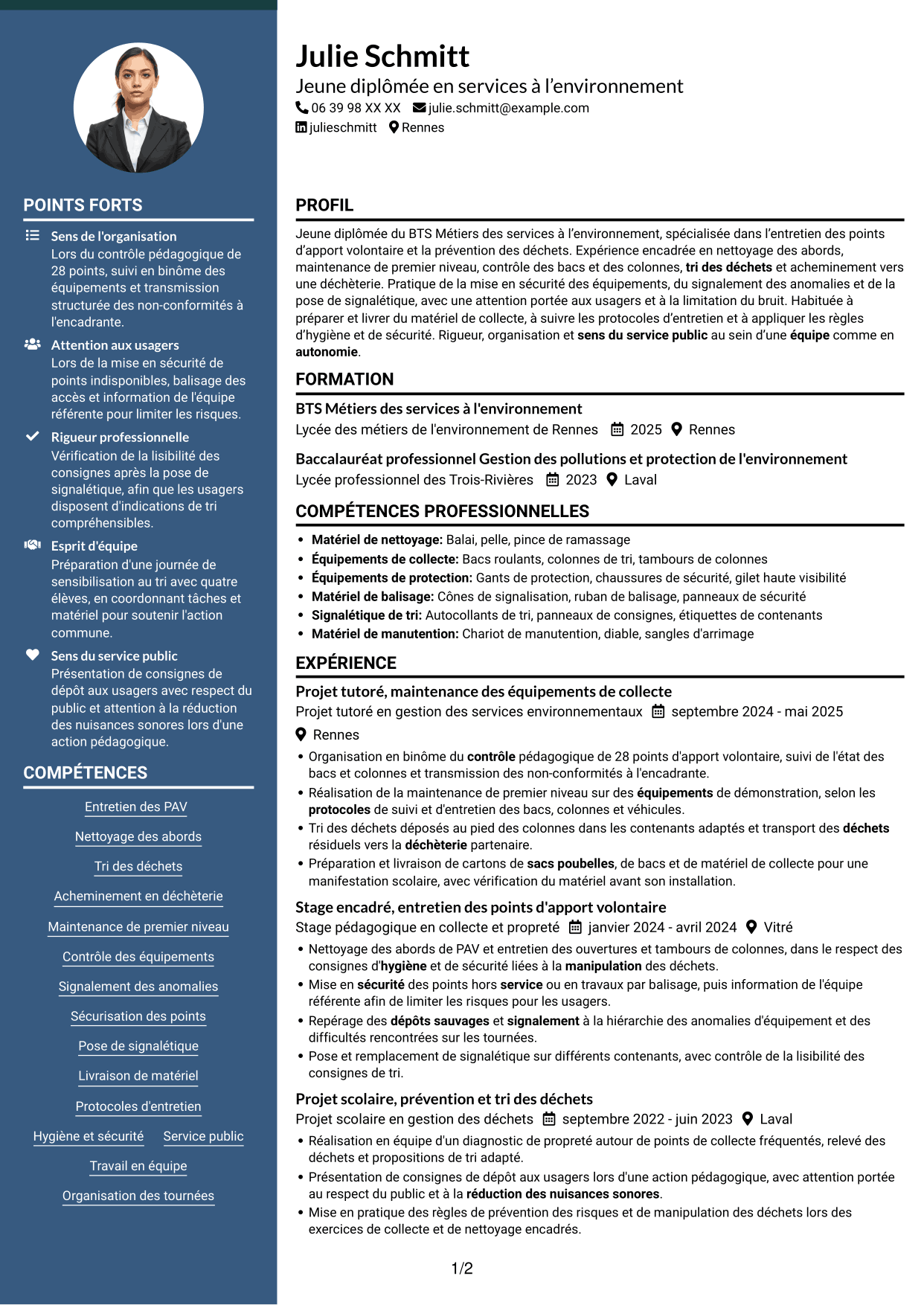 CV Élégant (format à colonne latérale colorée avec photo) : Agent d'entretien - Points d'apport volontaire, page 1