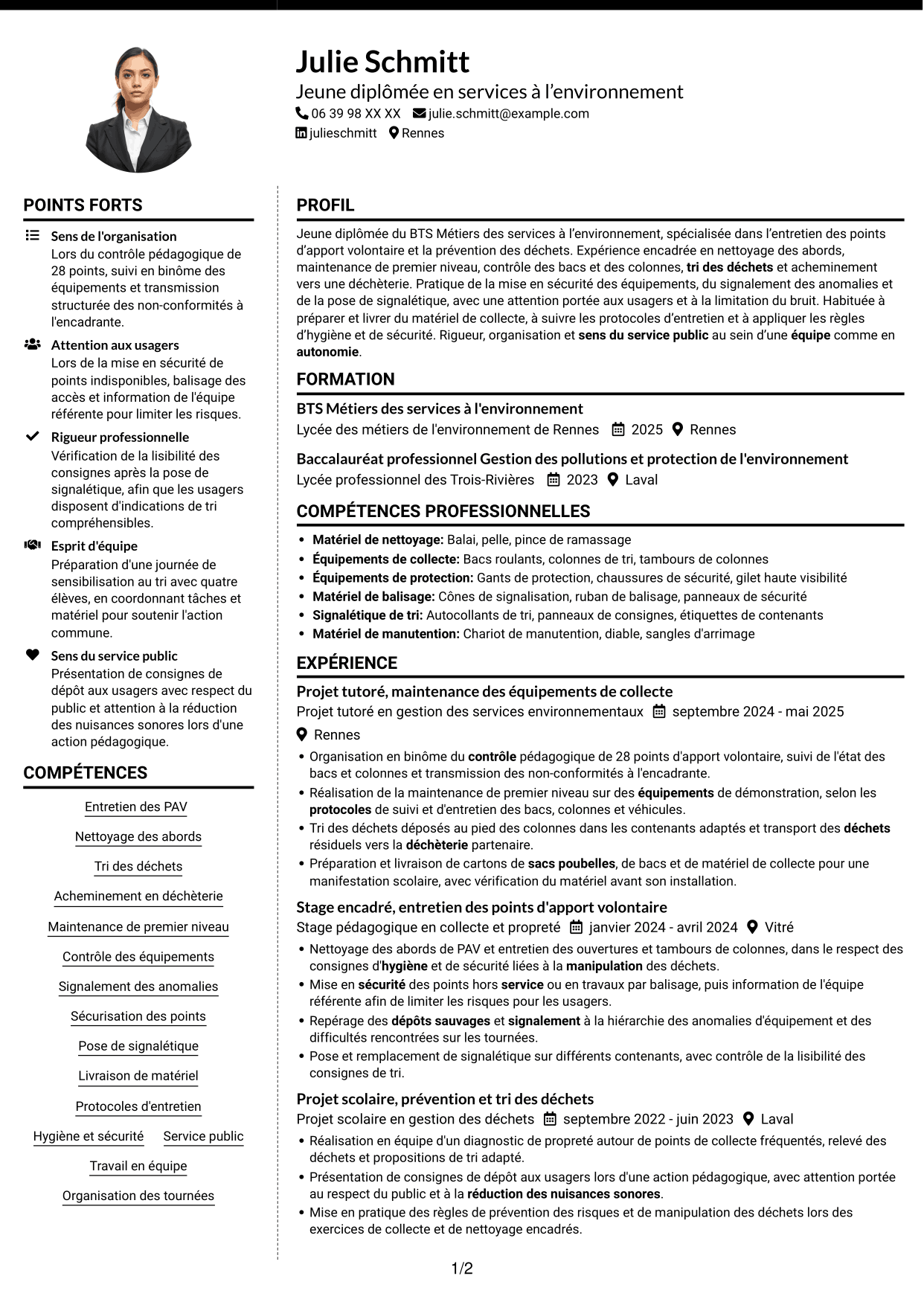 CV Moderne (format à deux colonnes avec photo à gauche et séparateur) : Agent d'entretien - Points d'apport volontaire, page 1