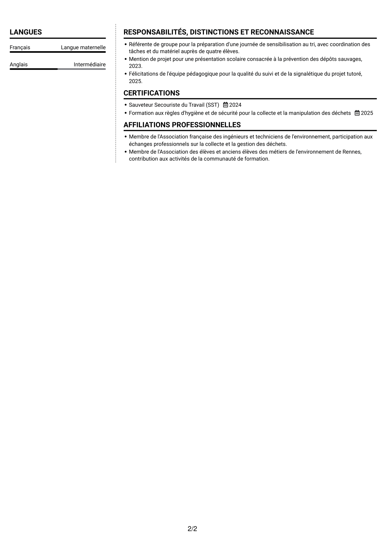 CV Moderne (format à deux colonnes avec photo à gauche et séparateur) : Agent d'entretien - Points d'apport volontaire, page 2