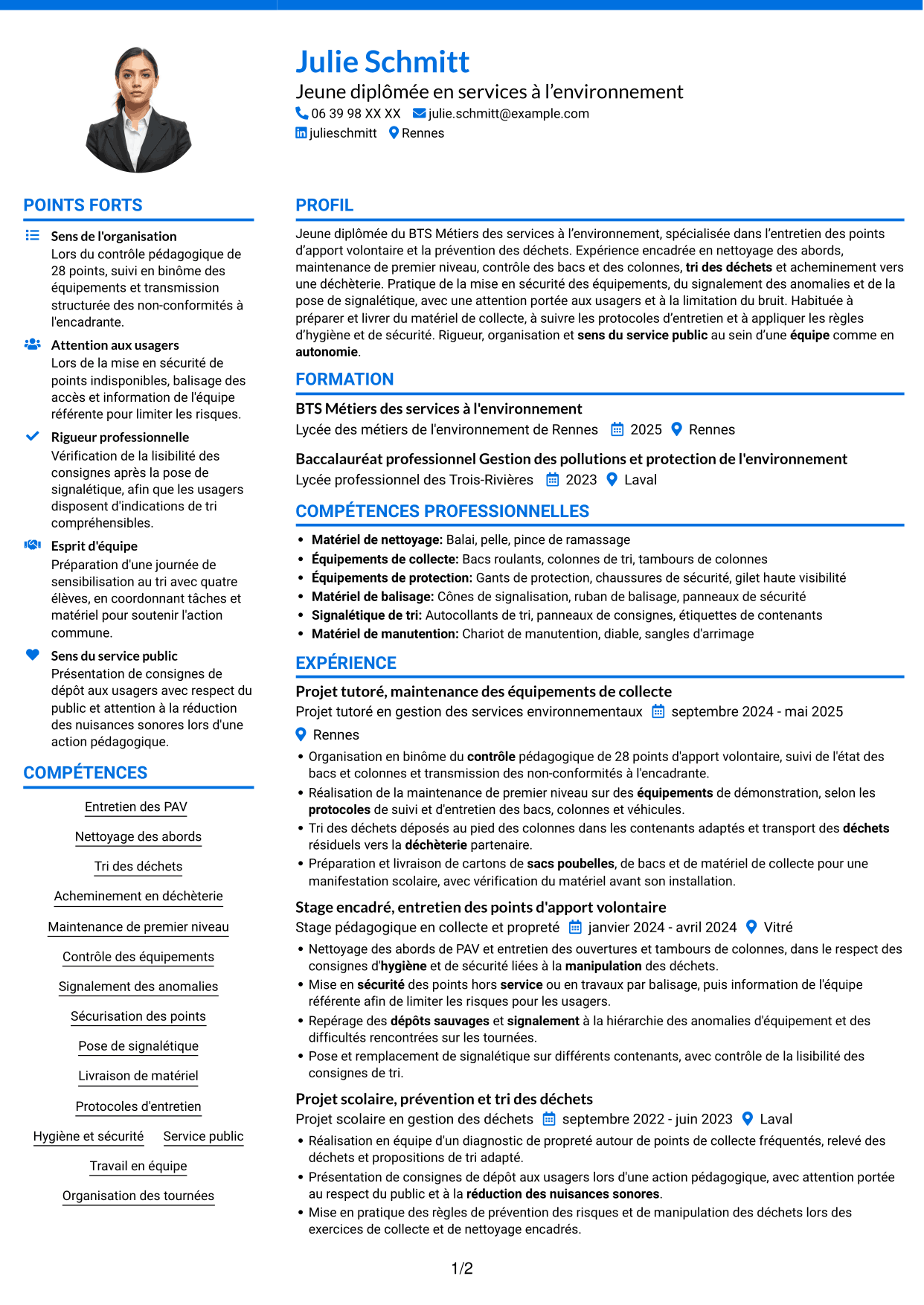 CV Audacieux (format à deux colonnes avec accents colorés et photo) : Agent d'entretien - Points d'apport volontaire, page 1