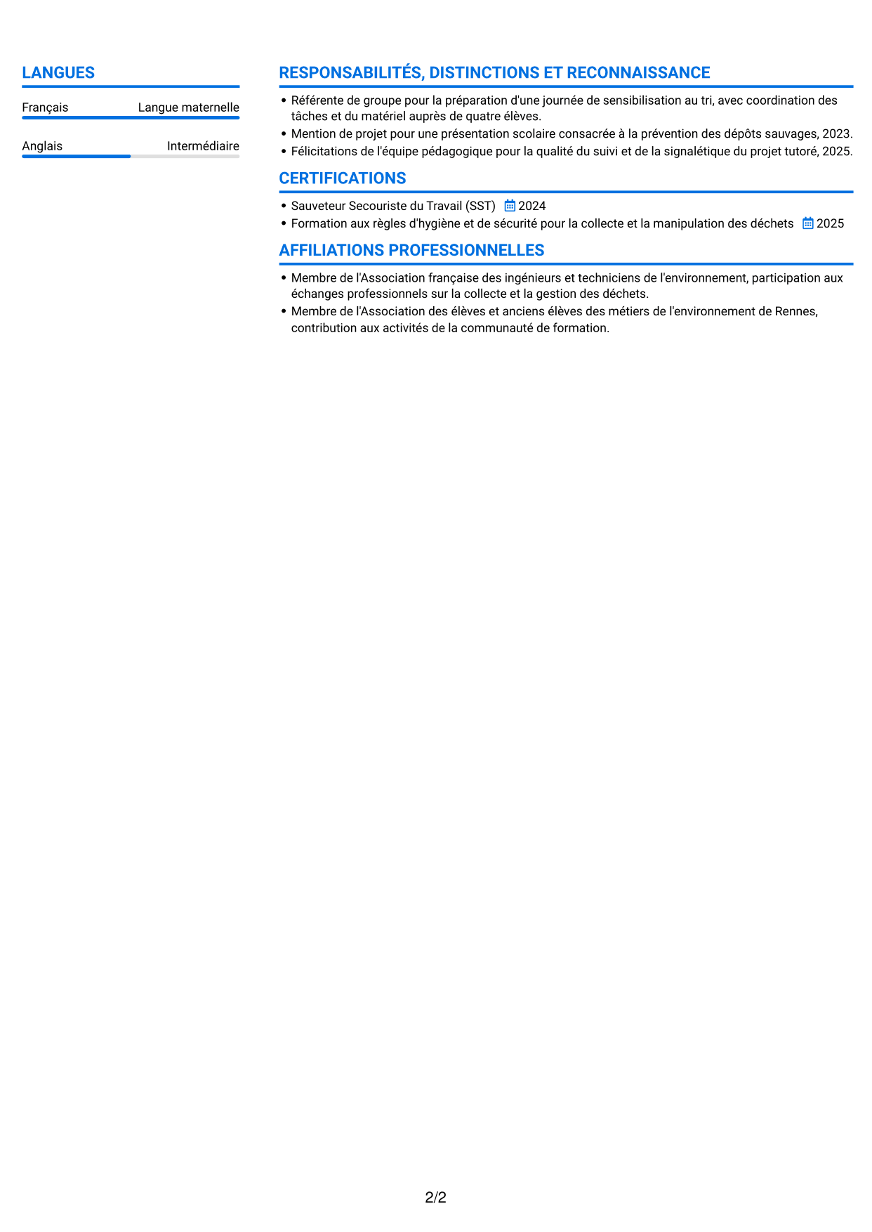 CV Audacieux (format à deux colonnes avec accents colorés et photo) : Agent d'entretien - Points d'apport volontaire, page 2