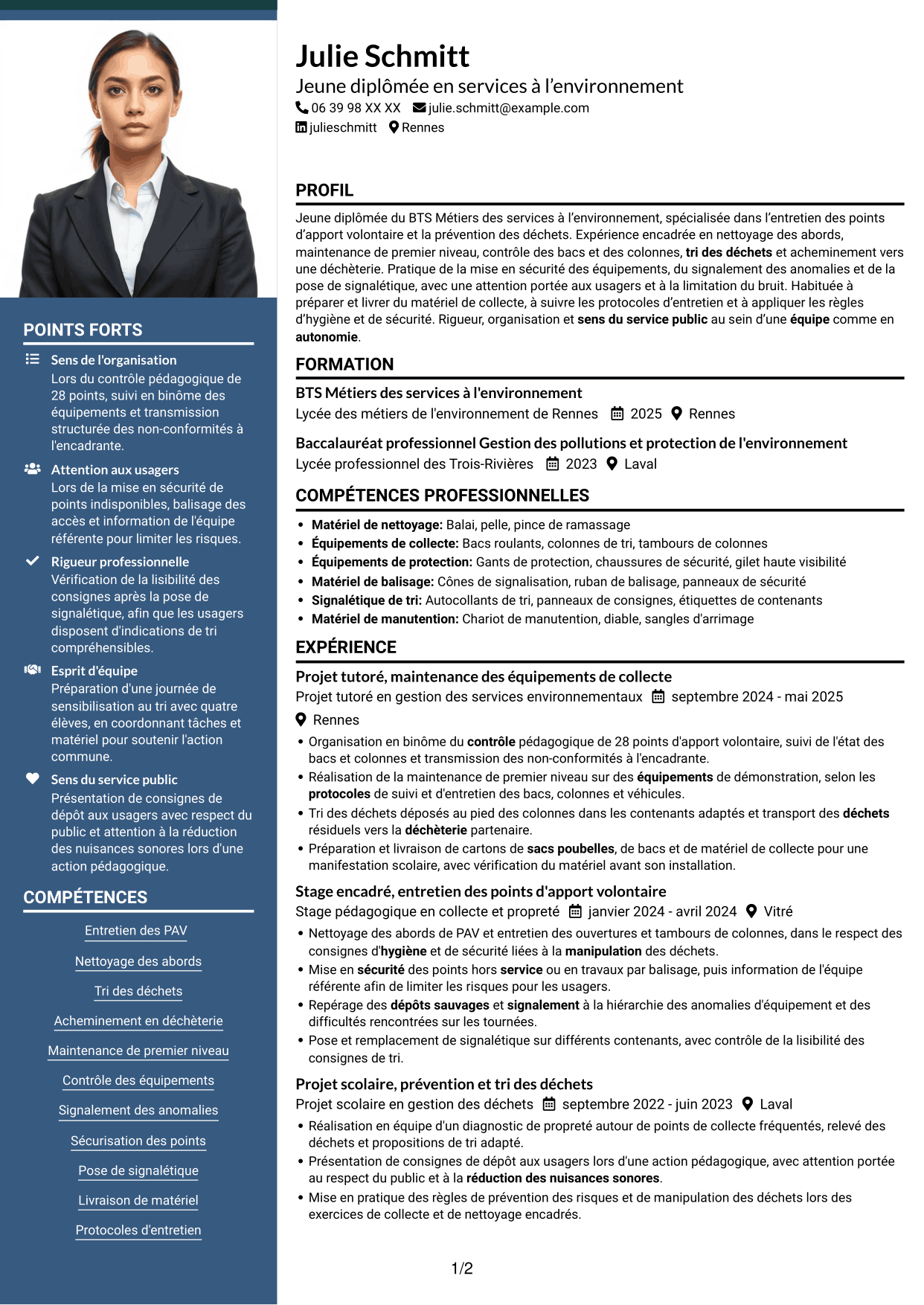 CV Signature (format à colonne latérale colorée avec grande photo) : Agent d'entretien - Points d'apport volontaire, page 1