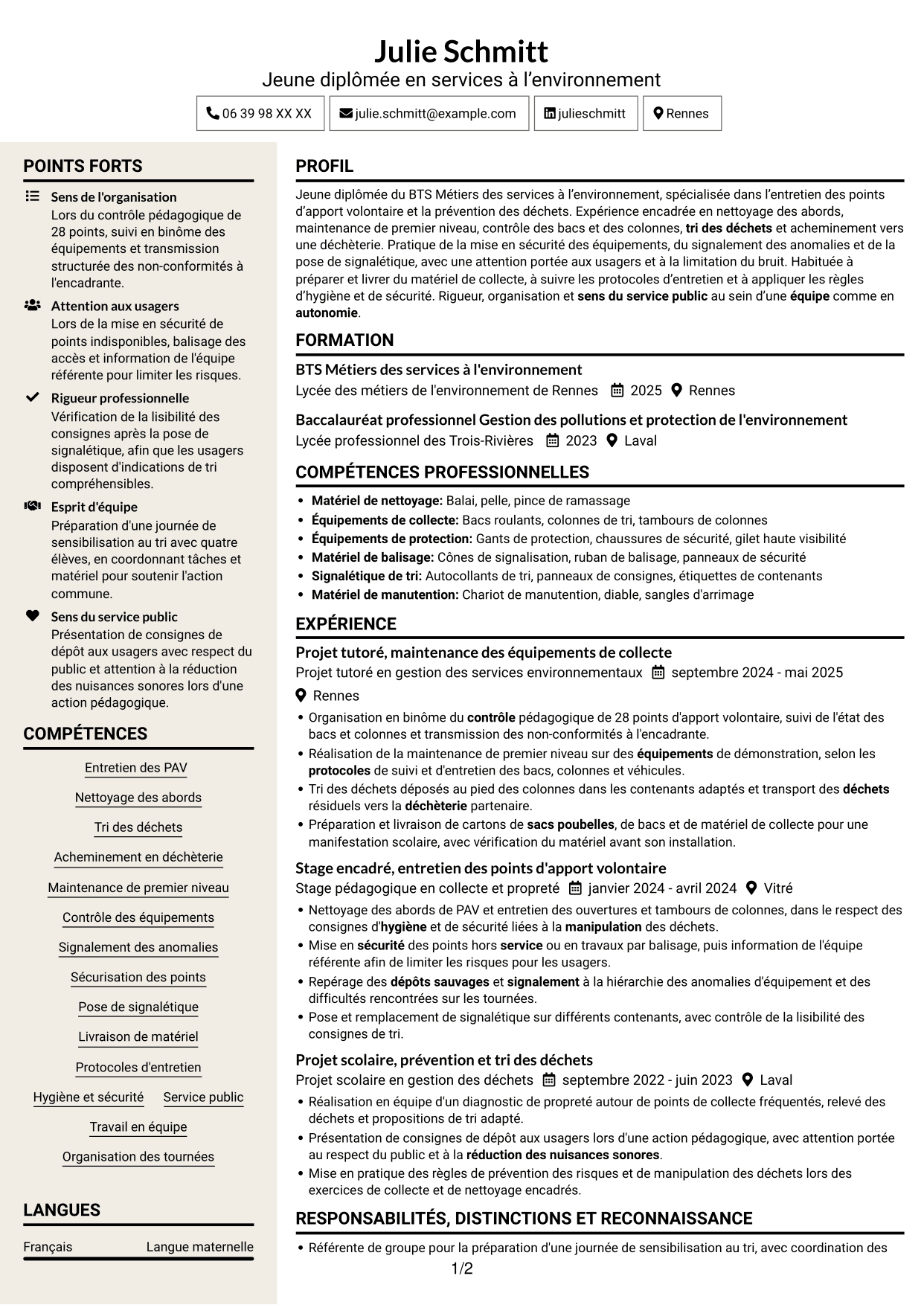 CV Fonceur (format à deux colonnes avec en-tête centré sans photo) : Agent d'entretien - Points d'apport volontaire, page 1