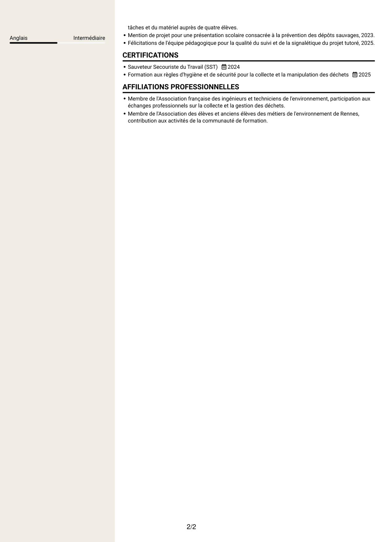 CV Fonceur (format à deux colonnes avec en-tête centré sans photo) : Agent d'entretien - Points d'apport volontaire, page 2