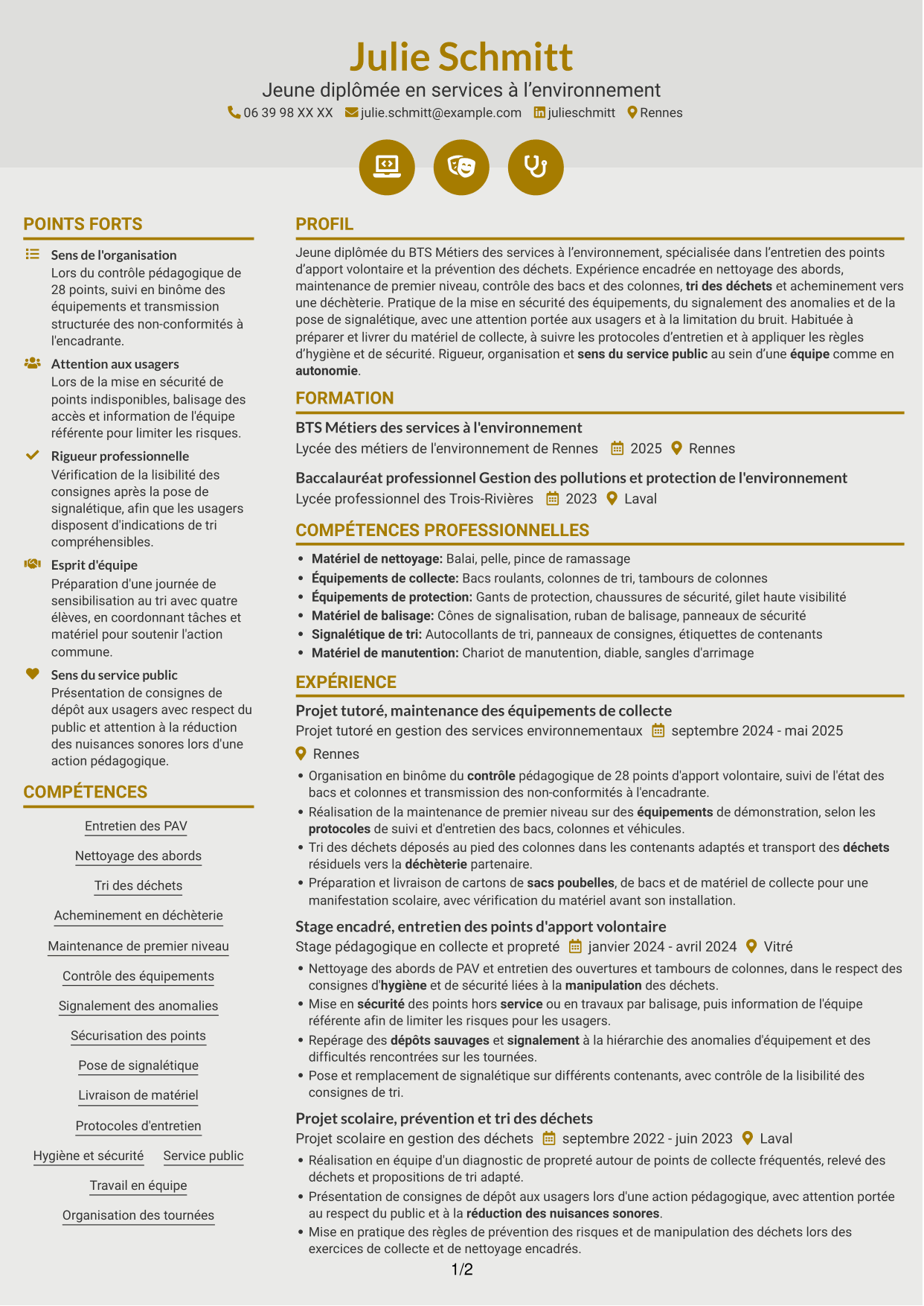 CV Dynamique (format à deux colonnes avec icônes) : Agent d'entretien - Points d'apport volontaire, page 1