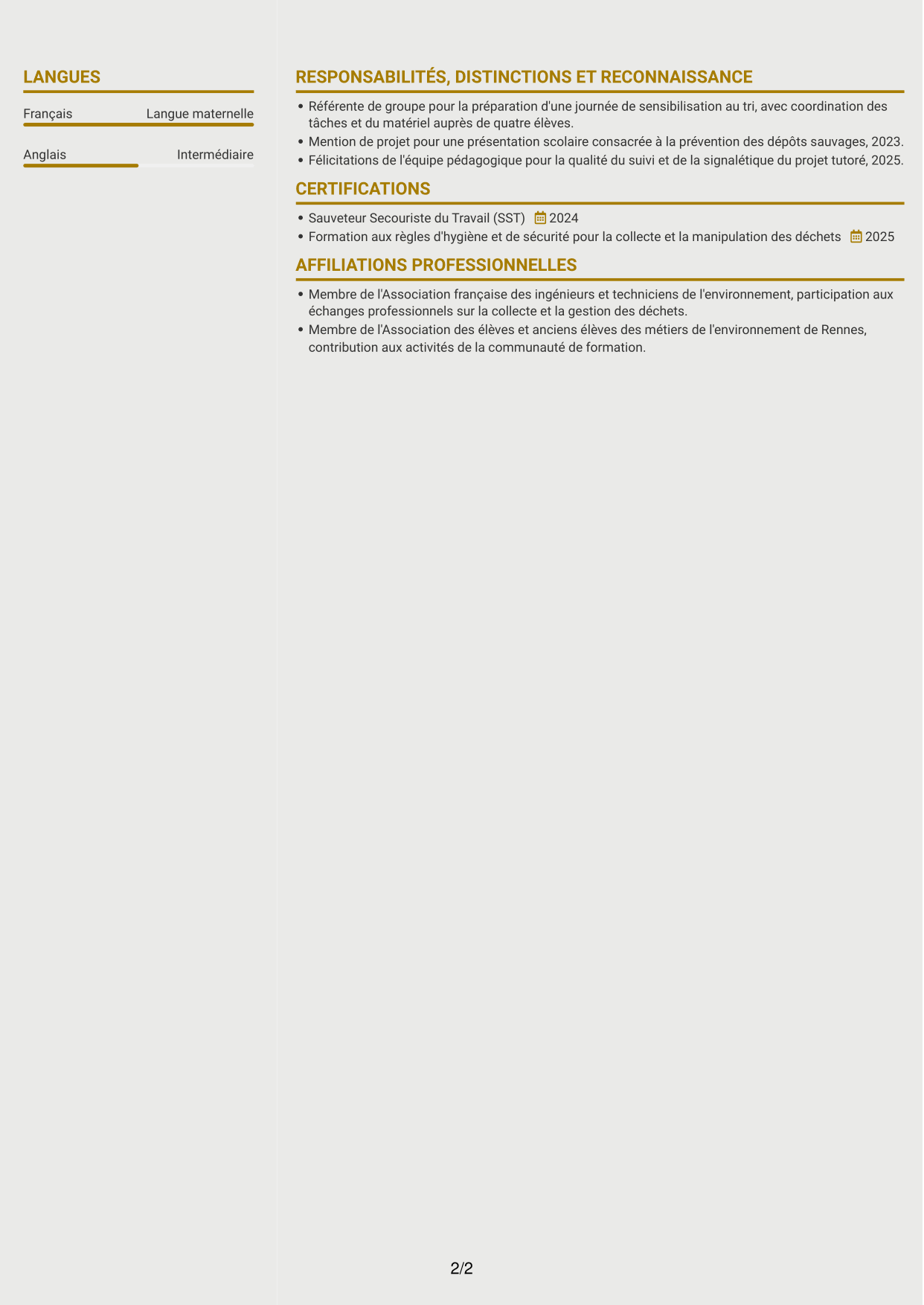 CV Dynamique (format à deux colonnes avec icônes) : Agent d'entretien - Points d'apport volontaire, page 2