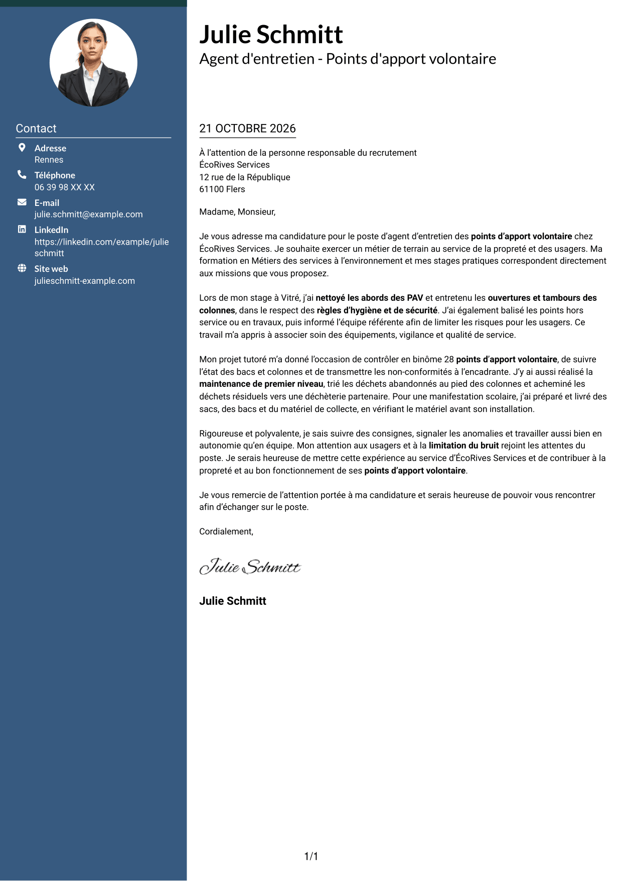 Lettre de motivation Élégant (format à colonne latérale colorée avec photo) : Agent d'entretien - Points d'apport volontaire, page 1