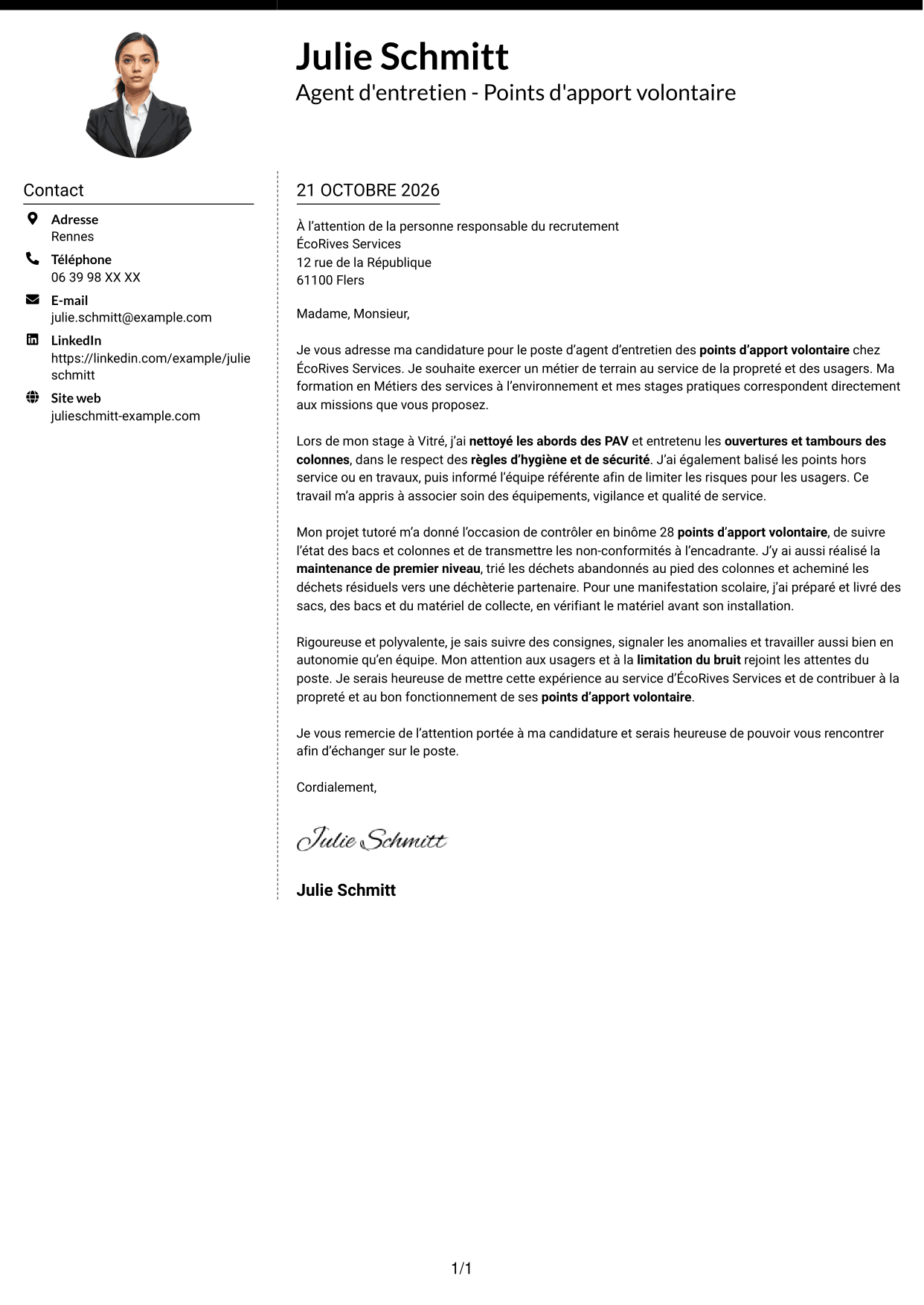 Lettre de motivation Moderne (format à deux colonnes avec photo à gauche et séparateur) : Agent d'entretien - Points d'apport volontaire, page 1