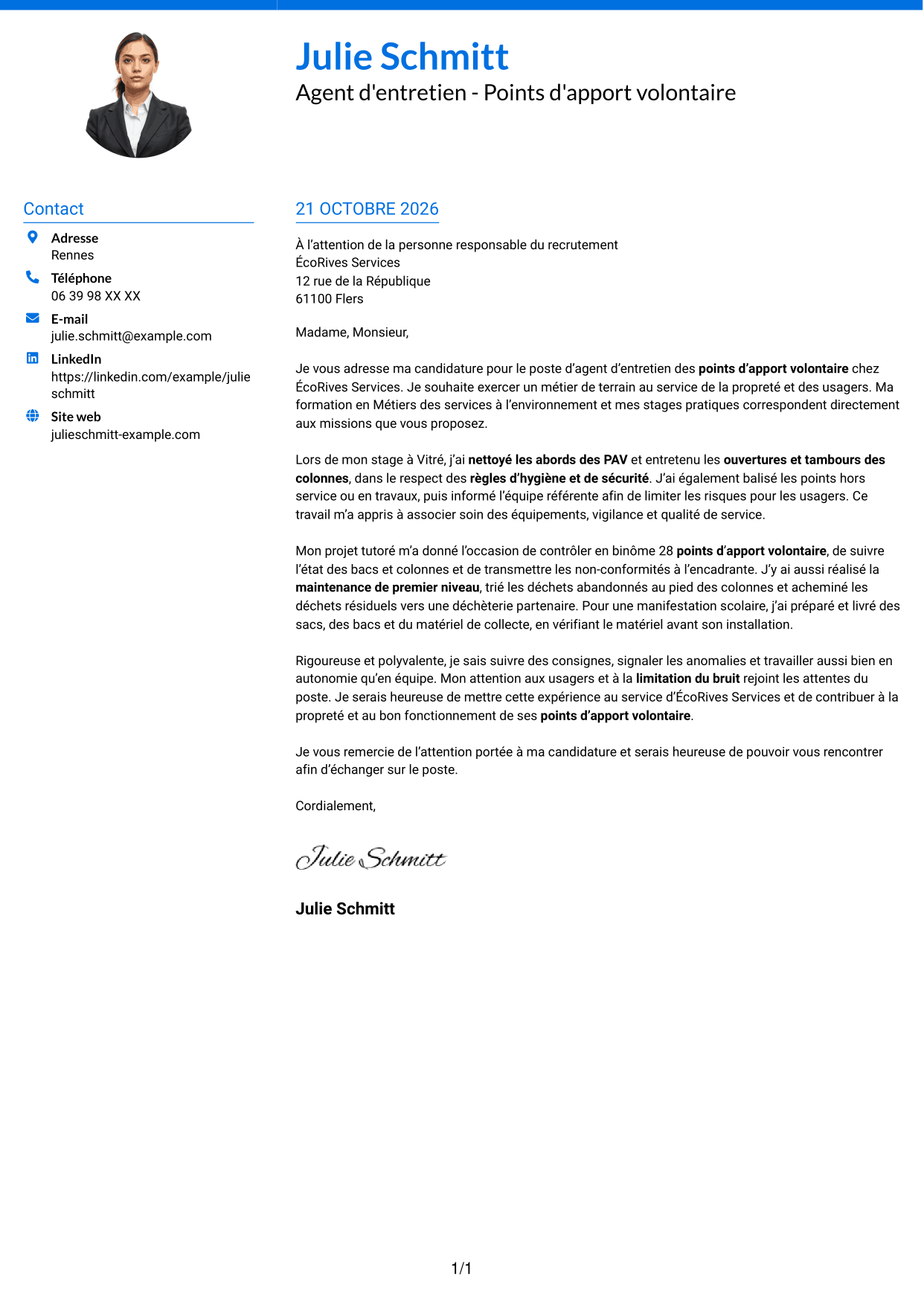 Lettre de motivation Audacieux (format à deux colonnes avec accents colorés et photo) : Agent d'entretien - Points d'apport volontaire, page 1