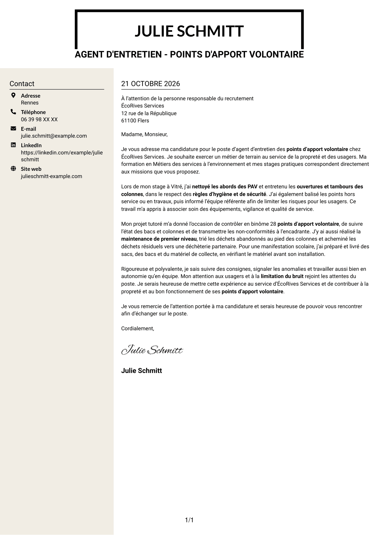 Lettre de motivation Fonceur (format à deux colonnes avec en-tête centré sans photo) : Agent d'entretien - Points d'apport volontaire, page 1