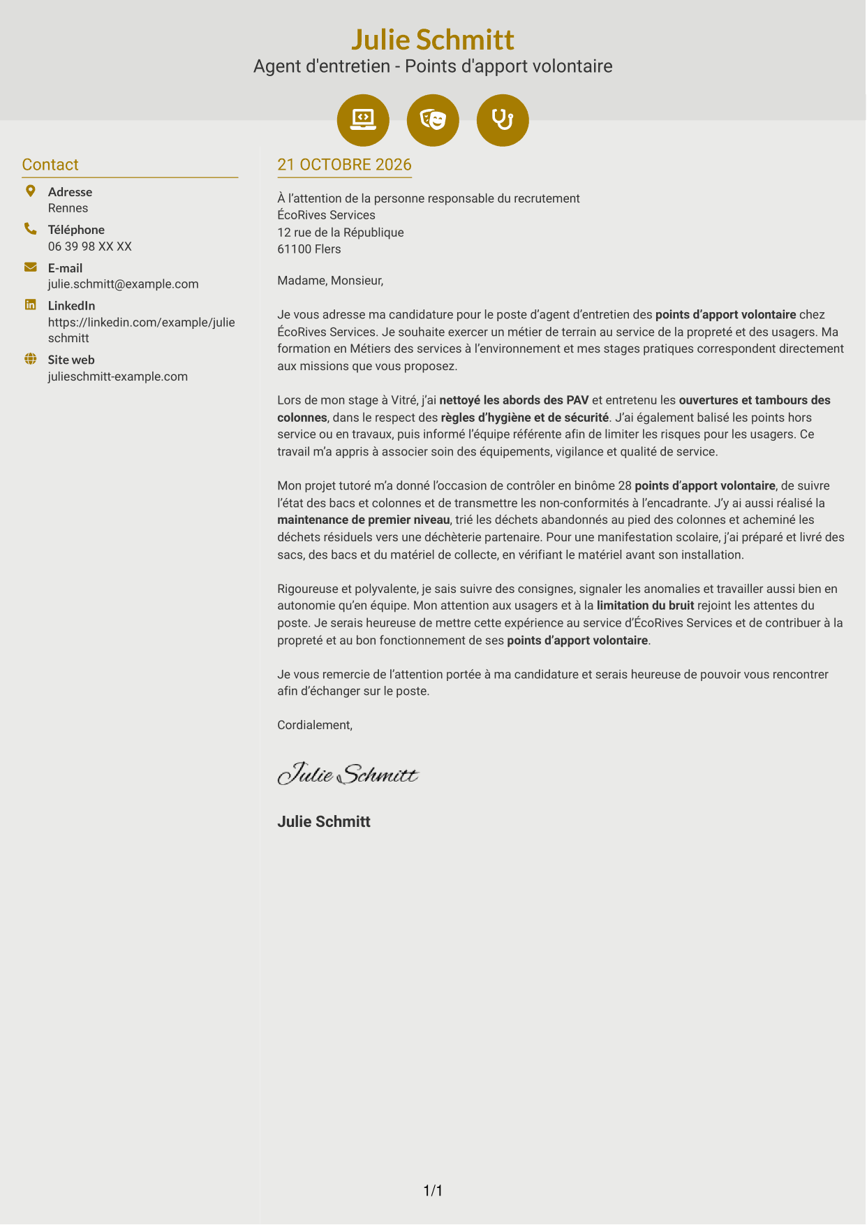 Lettre de motivation Dynamique (format à deux colonnes avec icônes) : Agent d'entretien - Points d'apport volontaire, page 1