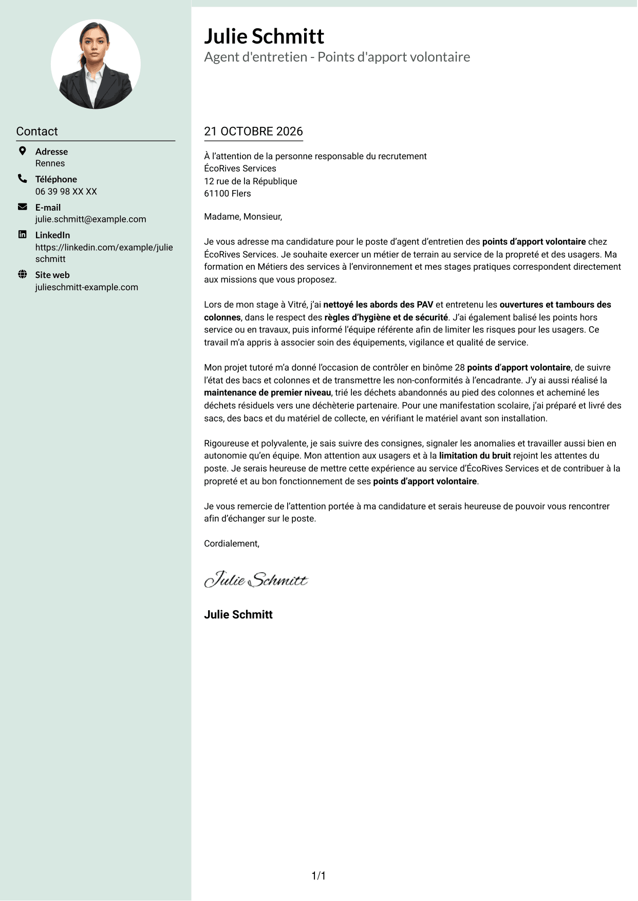 Lettre de motivation Cadre (format à colonne latérale douce avec photo arrondie) : Agent d'entretien - Points d'apport volontaire, page 1