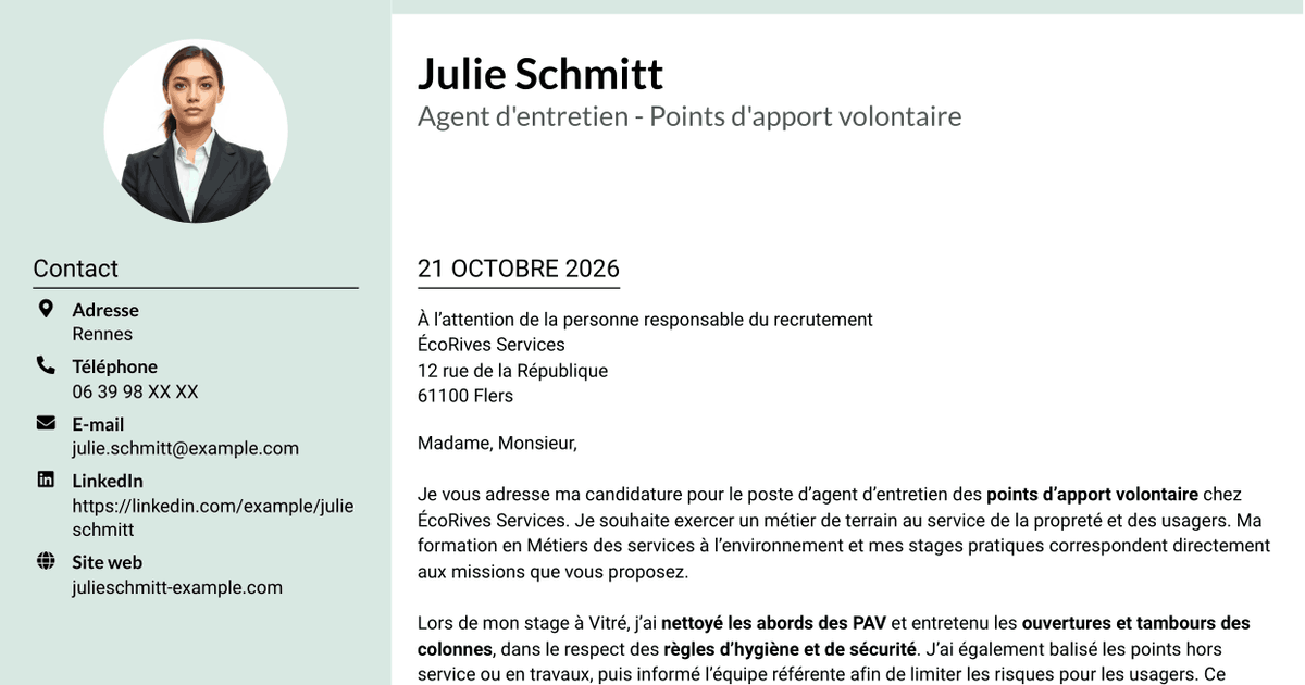 7 modèles de lettre de motivation pour Agent d'entretien - Points d'apport volontaire, avec exemples