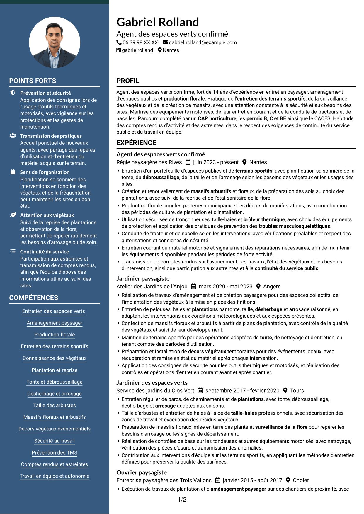 CV Élégant (format à colonne latérale colorée avec photo) : Agent des espaces verts - Aménagement paysager et production florale, page 1
