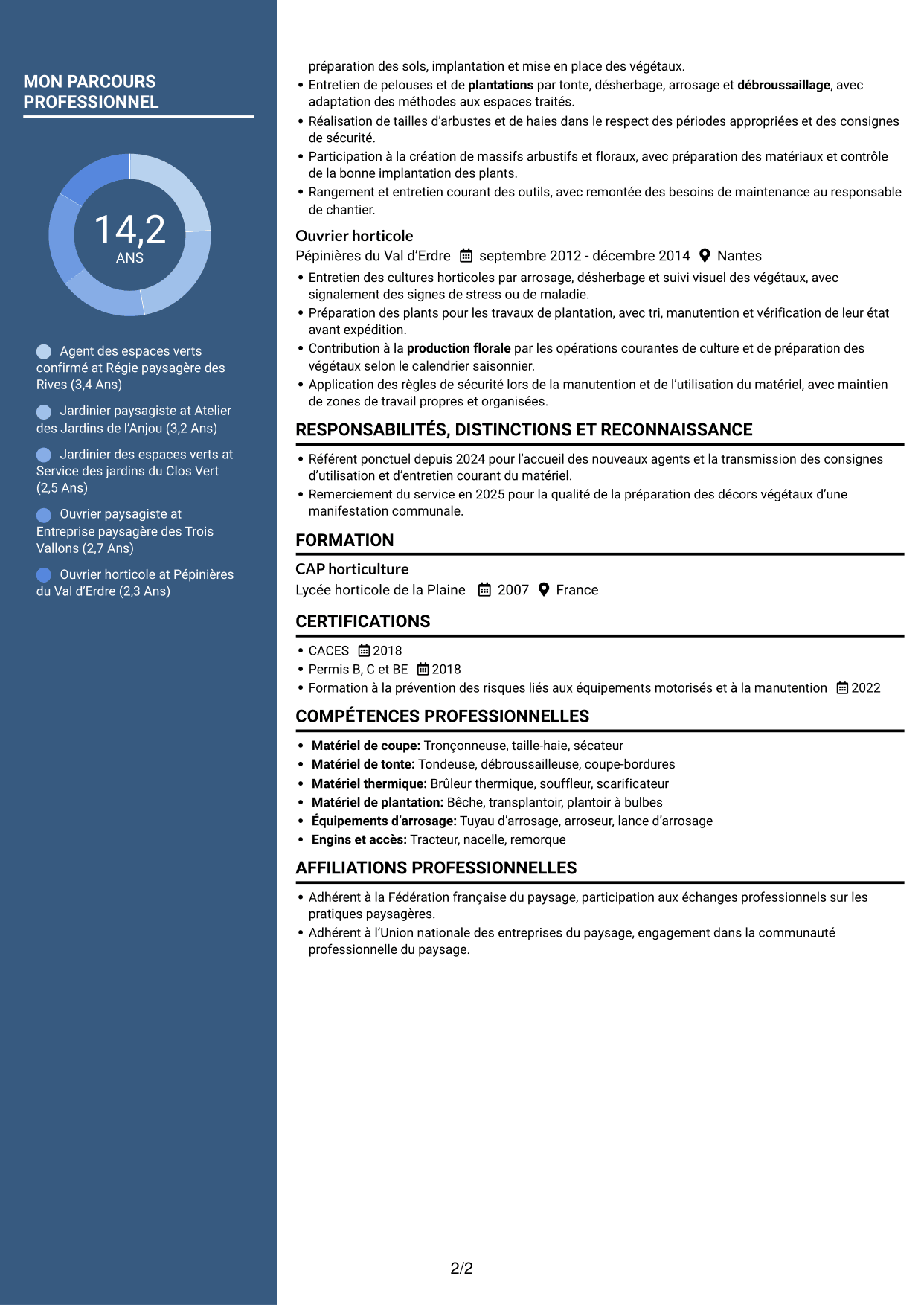 CV Élégant (format à colonne latérale colorée avec photo) : Agent des espaces verts - Aménagement paysager et production florale, page 2