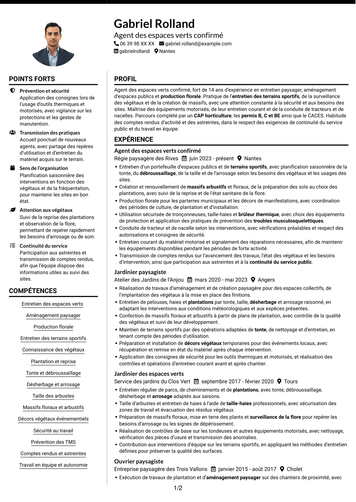 CV Moderne (format à deux colonnes avec photo à gauche et séparateur) : Agent des espaces verts - Aménagement paysager et production florale, page 1