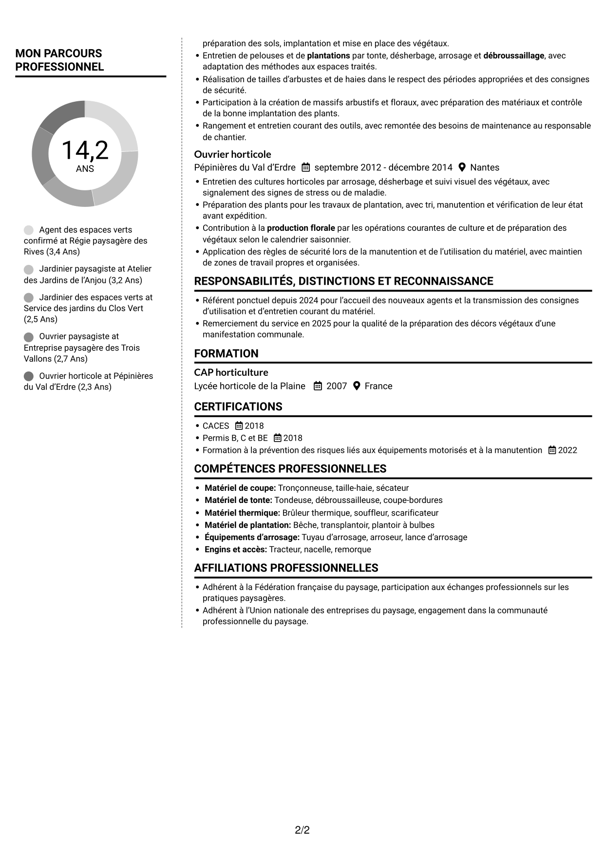 CV Moderne (format à deux colonnes avec photo à gauche et séparateur) : Agent des espaces verts - Aménagement paysager et production florale, page 2