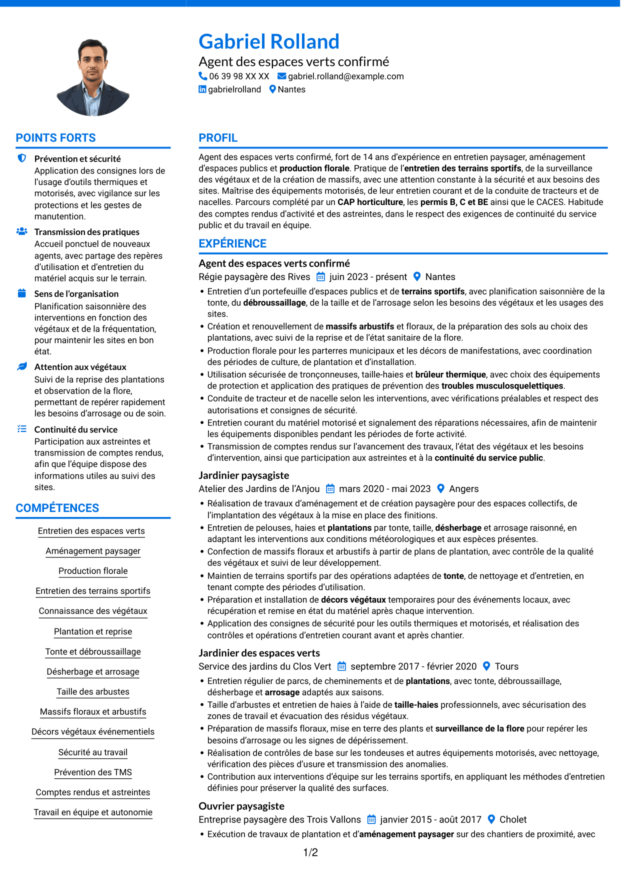 CV Audacieux (format à deux colonnes avec accents colorés et photo) : Agent des espaces verts - Aménagement paysager et production florale, page 1