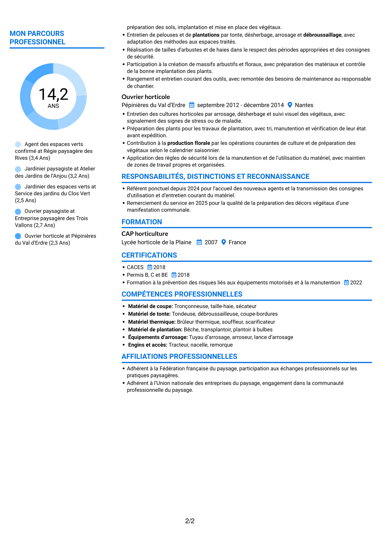 CV Audacieux (format à deux colonnes avec accents colorés et photo) : Agent des espaces verts - Aménagement paysager et production florale, page 2